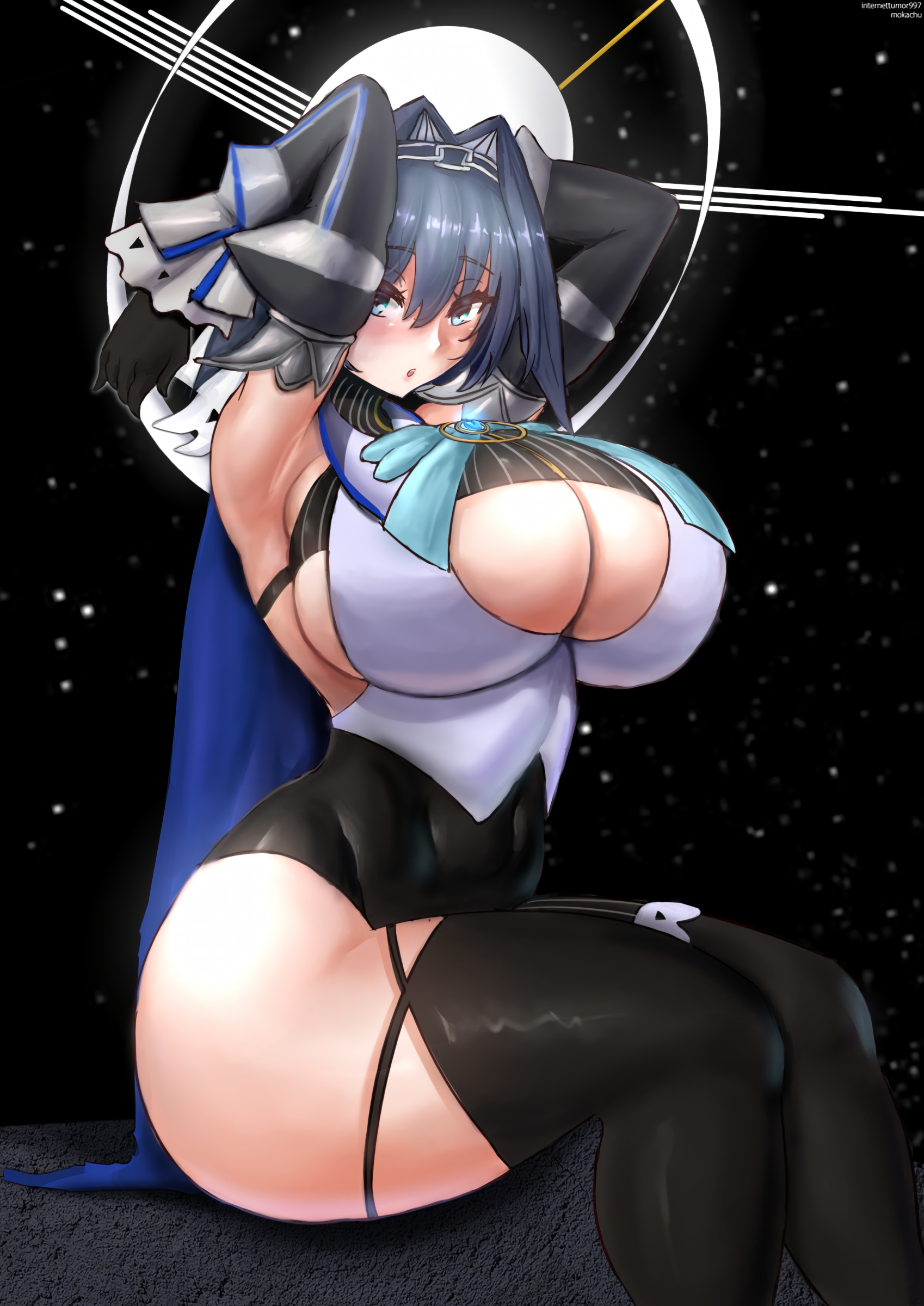 1girls, ass, big ass, big breasts, breasts, breasts bigger than head, cleavage cutout, enormous breasts, female, hands behind head, hololive, hololive english, hololive english -council-, hololive english -promise-, huge ass, huge breasts, mokachu (artist), ouro kronii, short hair, tagme, thick thighs, virtual youtuber