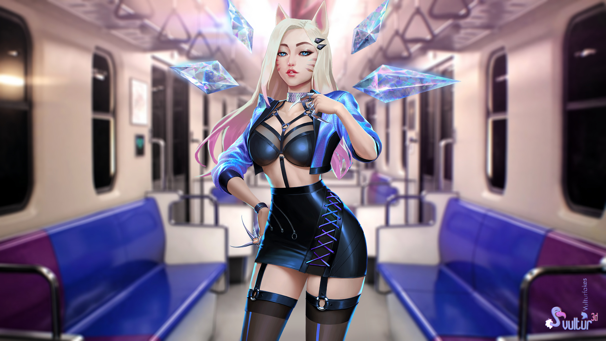 1girls, ahri, blonde hair, blue eyes, female, female only, fox, fox ears, fox girl, k/da ahri, k/da all out ahri, k/da all out series, k/da series, league of legends, leather, light skin, light-skinned female, looking at viewer, skirt, solo, solo female, solo focus, stockings, vultur3d