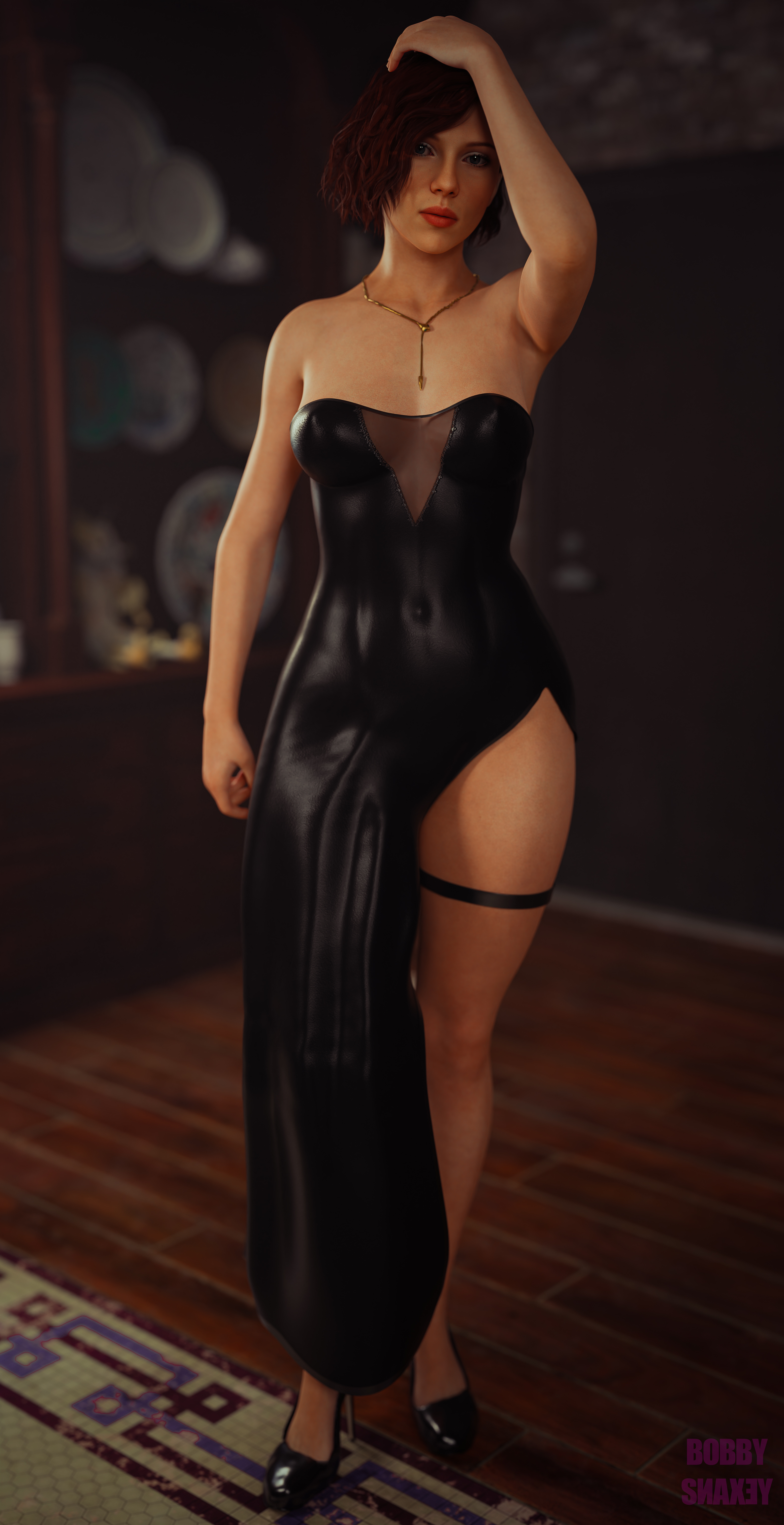 1girls, 3d, 3d (artwork), black widow (marvel), blender, blender (software), bobbysnaxey, dress, female, marvel, marvel cinematic universe, marvel comics, natasha romanoff, pinup, red hair, scarlett johansson, solo, solo female