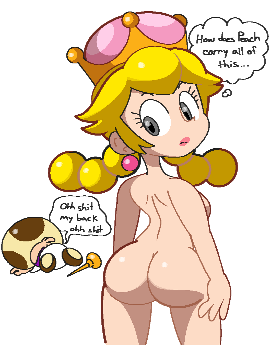 1boy 1girls alternate_form ass big_ass big_breasts blonde_hair braided_hair braided_pigtails braided_twintails breasts clothed_male_nude_female comedy crown_only earrings english_text fallen_down female female_focus funny gray_eyes grey_eyes humor male mario_(series) naked naked_crown naked_female new_super_mario_bros._u_deluxe nintendo nude nude_female peachette pigtails pink_earrings profanity sideboob speech_bubble sphere_earrings super_crown super_mario_bros. tagme thought_bubble toadette toadsworth twintails vilepluff walking_stick