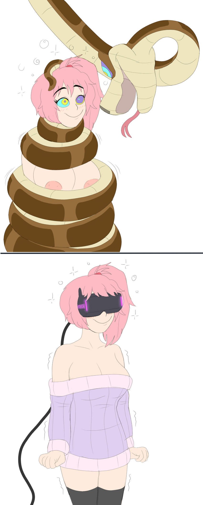 2koma breasts coiling coils crystal_(lewd-zko) femsub happy_trance huge_breasts hypnosis kaa kaa_eyes literature maledom mind_control nipples nude original pink_hair plsgts ponytail public_domain ribbed_sweater short_hair smile snake standing_at_attention sweater the_jungle_book thighhighs virtual_reality vr_headset