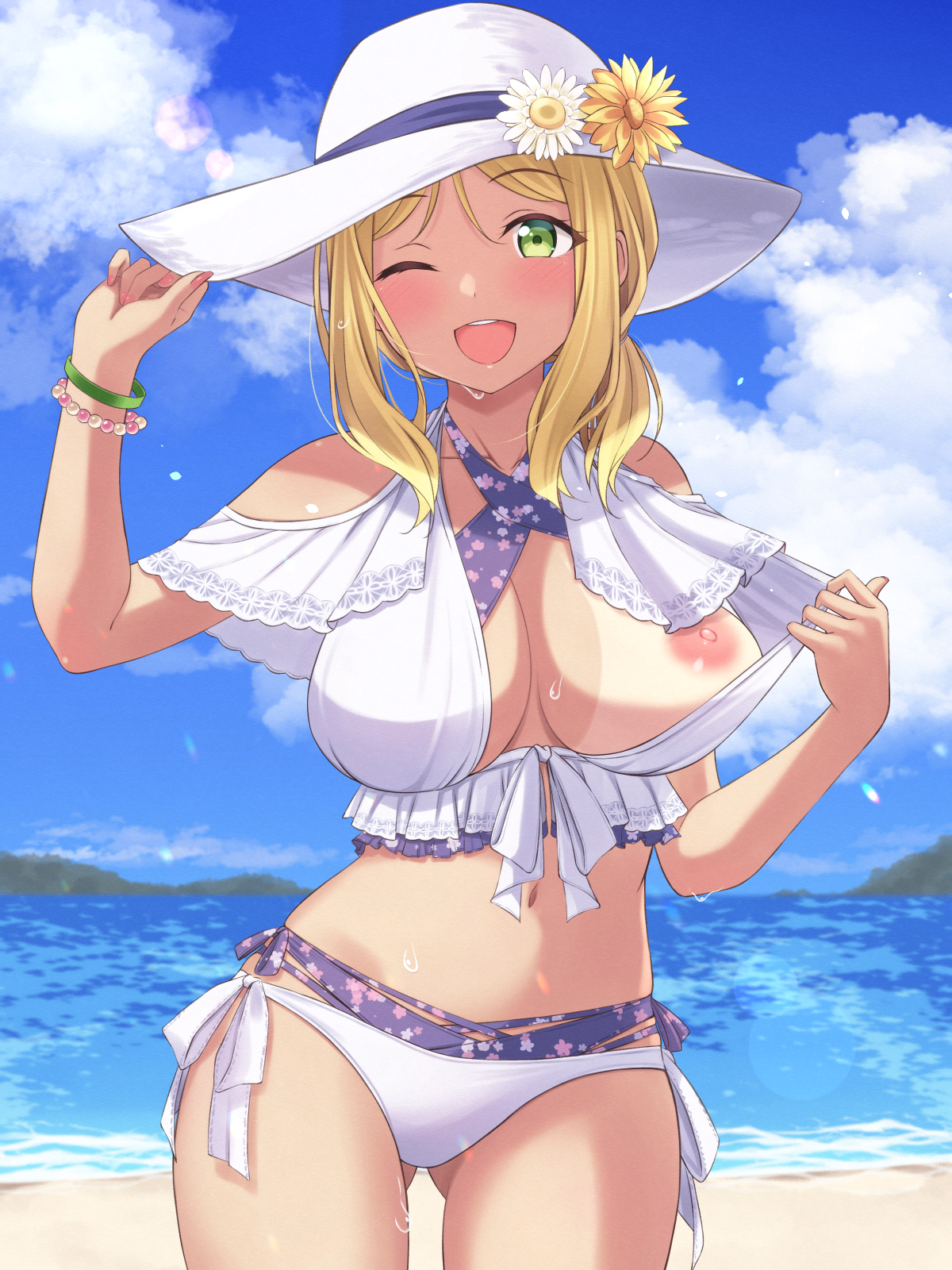 1girls, ass visible through thighs, beach, bikini, bikini pull, blonde hair, breasts, female, flashing breasts, green eyes, hat, large breasts, love live!, love live! sunshine!!, mobukichi, navel, nipples, ocean, ohara mari, one breast out, one eye closed, smile, solo, swimsuit, tan, tanlines, white hat