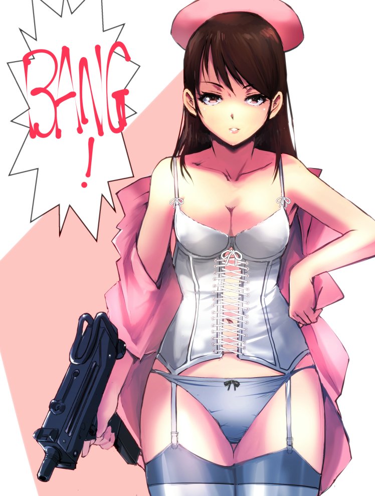 1girls breasts brown_eyes brown_hair corset dress garter_straps gun hand_on_hip holding_gun kamisimo_90 lingerie long_hair looking_at_viewer medium_breasts nurse nurse_cap nurse_uniform open_dress original panties pink_dress thighhighs white_corset white_lingerie white_panties