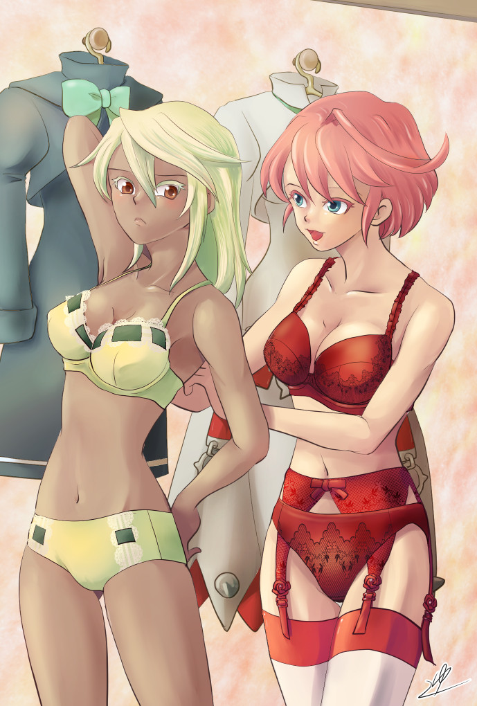 2girls adjusting_bra adjusting_clothes blue_eyes bra breasts brown_eyes clothes_hanger clothes_rack elphelt_valentine garter_belt garter_straps green_bra green_hair green_lingerie green_panties guilty_gear guilty_gear_xrd lingerie long_hair medium_breasts midriff navel panties pink_hair ramlethal_valentine red_bra red_lingerie red_panties short_hair siblings sisters thighhighs unworn_clothes uzuki_asobin