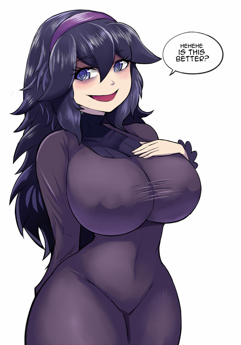 1girls, 2023, allbeatnik, big breasts, blue eyes, blue hair, breasts, dialogue, english text, female, female only, hairband, hand on chest, hex maniac, long hair, looking at viewer, nintendo, nipple bulge, pokemon, pokemon xy, smiling, smiling at viewer, solo, speech bubble, spiral eyes, talking to viewer, thick thighs, white background, wide hips