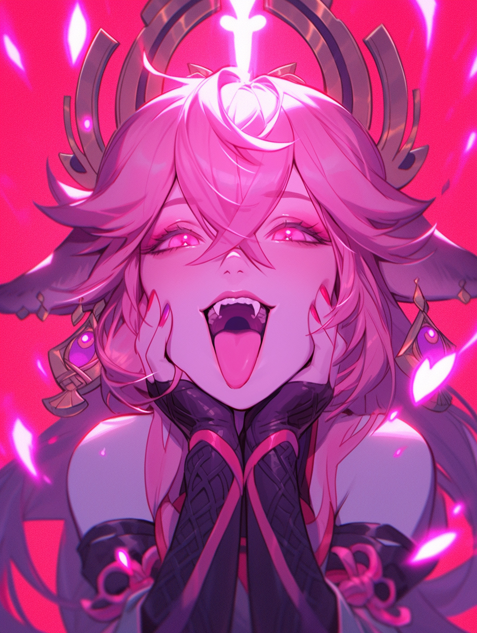 ai generated, bangs, bare shoulders, clothed, clothed female, elbow gloves, fangs, female, fingerless gloves, fox ears, fox girl, genshin impact, gloves, hands on cheeks, kemonomimi, looking at viewer, narrowed eyes, open mouth, pink eyes, pink hair, pleasure face, seductive, seductive look, seductive smile, smile, teeth, tongue, tongue out, yae miko