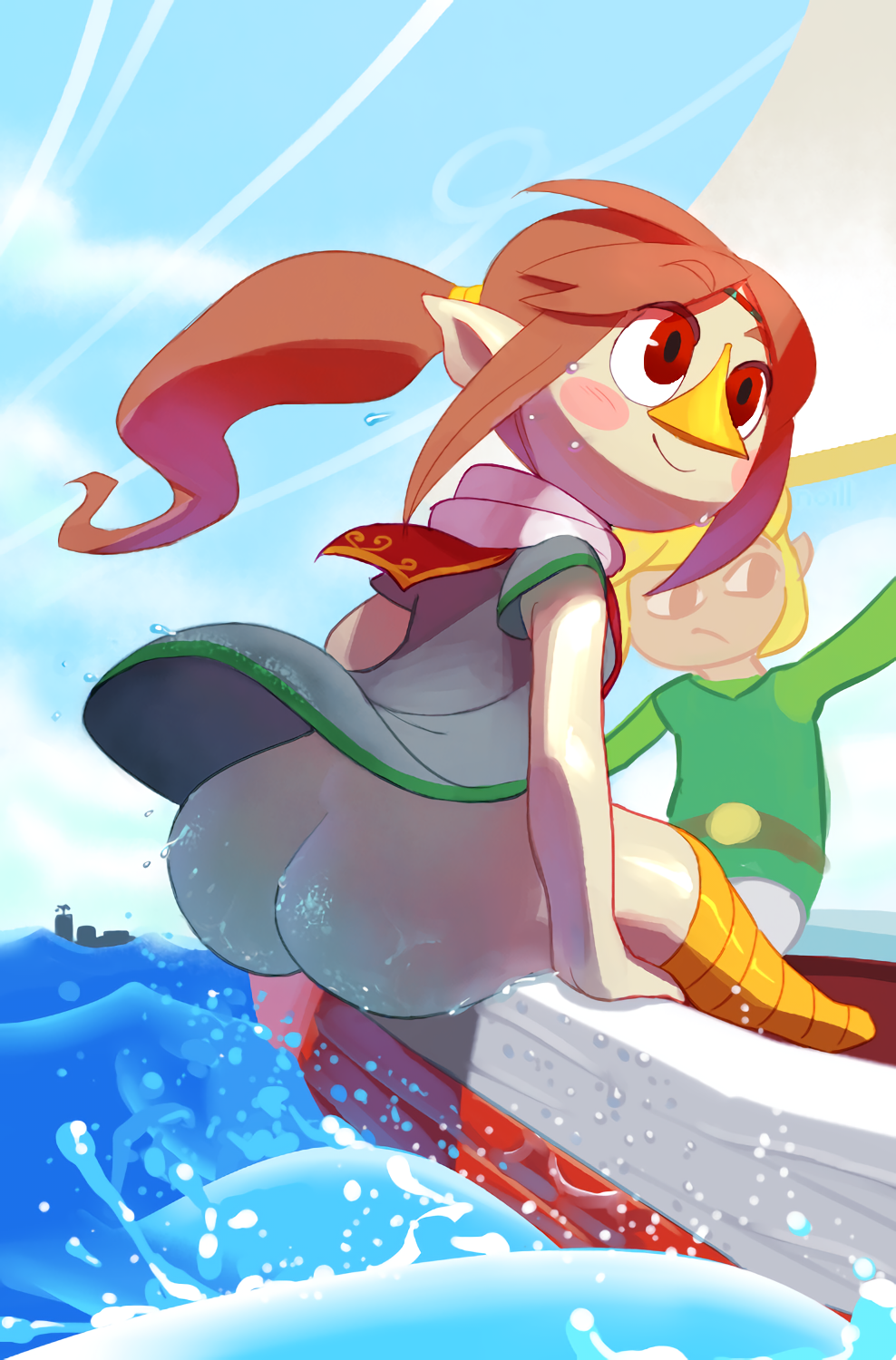 1boy 1girls ass avian big_ass big_butt blush blush_stickers bottomless butt_crack female humanoid hylian king_of_red_lions long_hair medli nintendo no_panties noill ocean red_eyes red_hair resized the_legend_of_zelda the_legend_of_zelda:_the_wind_waker the_wind_waker upskirt water wet_skin wind_waker young