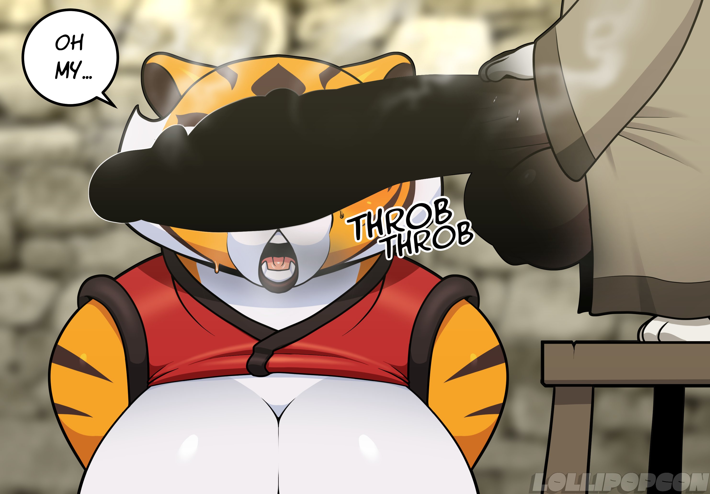 anthro, balls, breasts, duo, erection, female, has uncensored version, huge breasts, kung fu panda, lollipopcon, male, master tigress, penis, penis awe, rabbit, tiger, young