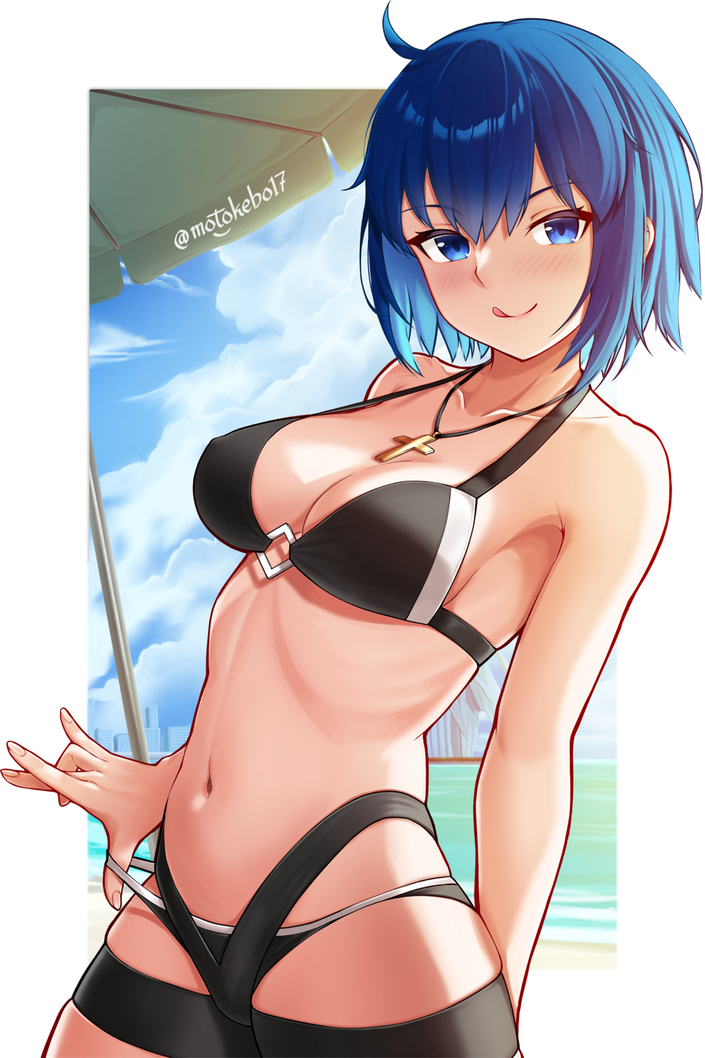 ahoge bare_shoulders beach beach_umbrella bikini black_bikini blue_eyes blue_hair blue_sky blush breasts c.i.e.l_(fate) ciel_(tsukihime) cleavage collarbone cross cross_necklace fate/grand_order fate_(series) female highres jewelry large_breasts licking_lips looking_at_viewer motokebo17 navel necklace shore short_hair sky smile solo swimsuit thighs tongue tongue_out tsukihime umbrella