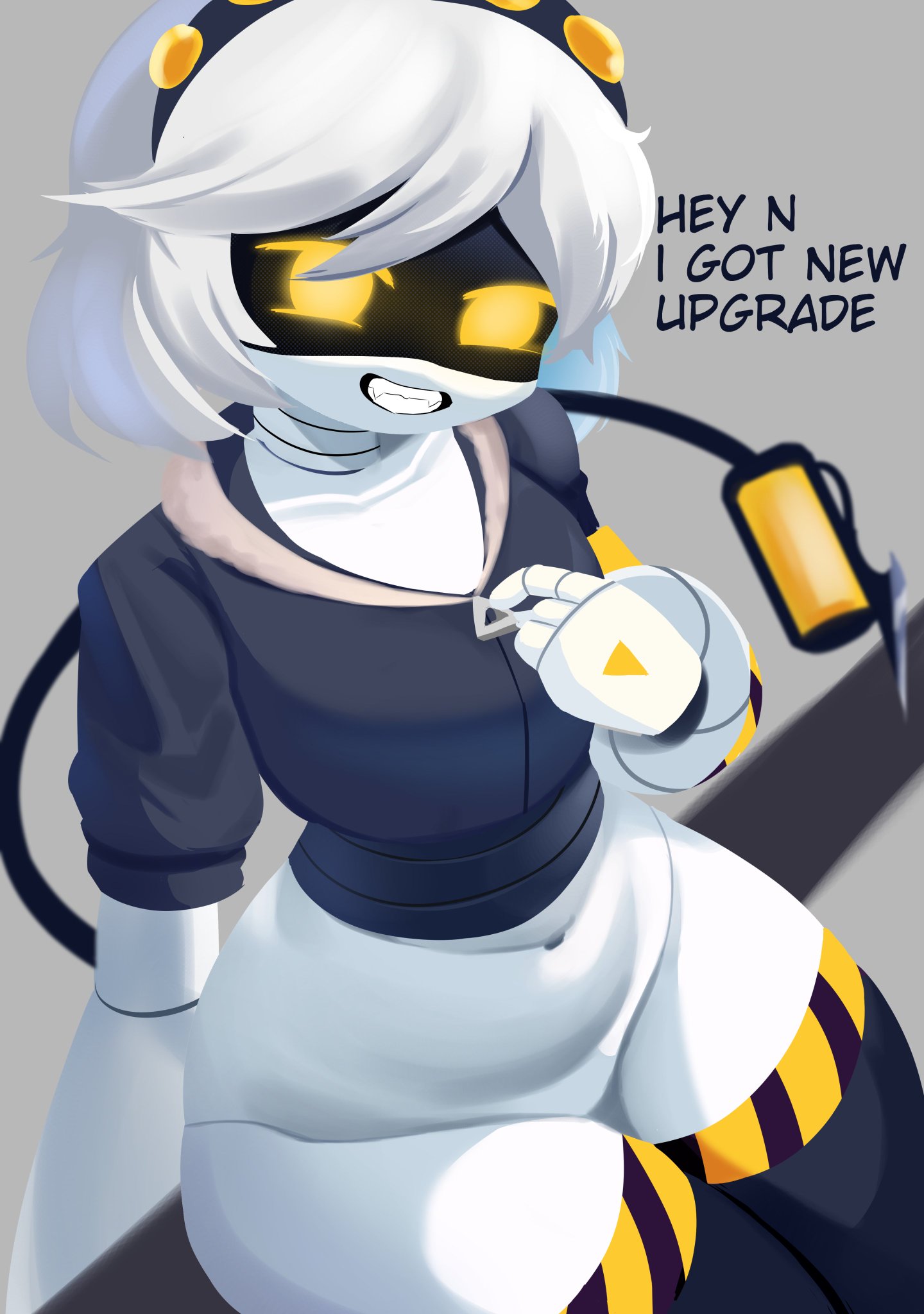 1girls, alaki zezo, chubby, chubby female, cropped jacket, dialogue, english text, featureless crotch, female, female only, glitch productions, grin, headband, murder drones, navel, robot, robot girl, sega, sonic (series), tagme, tail, thick thighs, thighhighs, unzipping, v (murder drones), white hair, white skin, yellow eyes