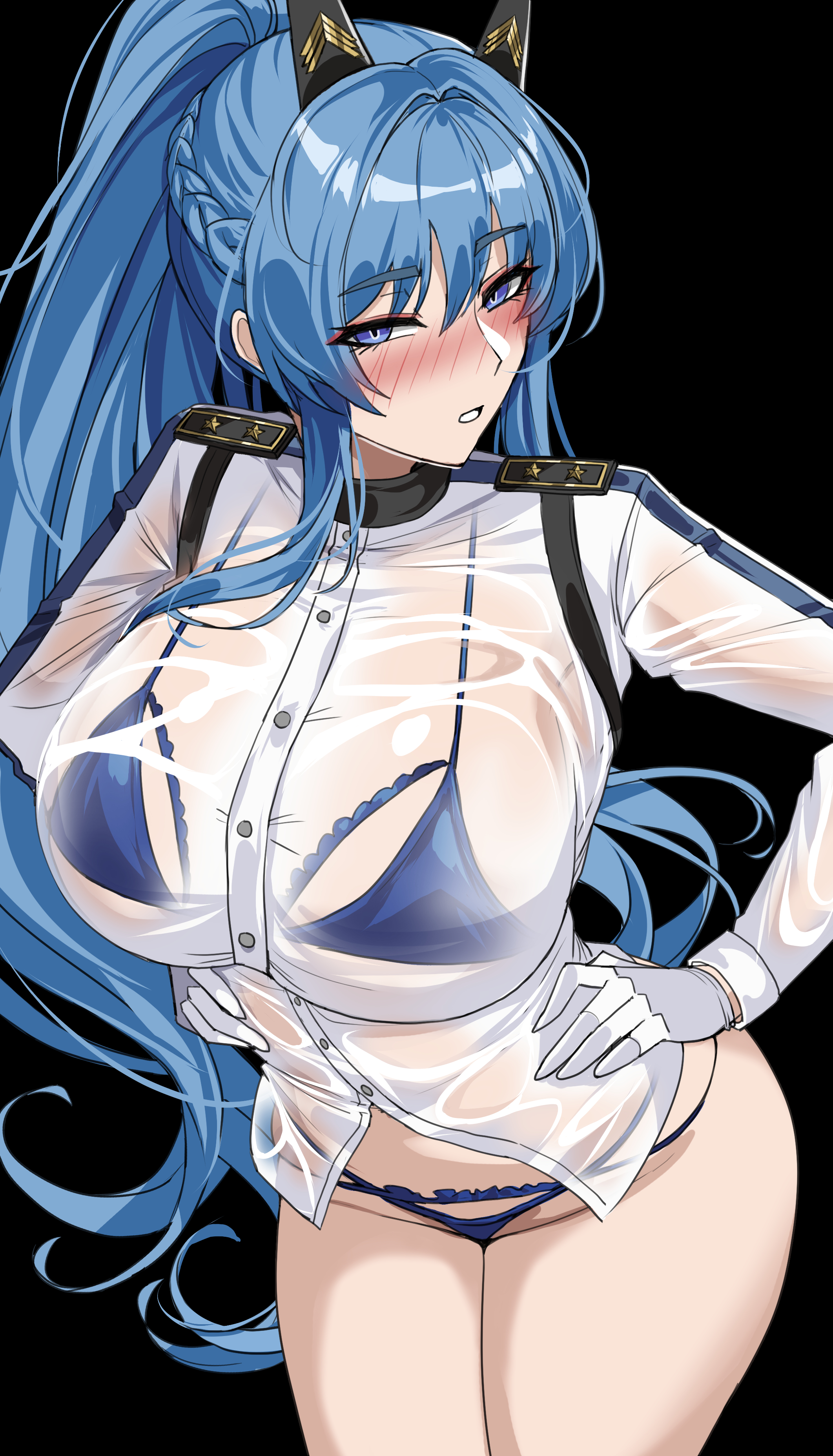 1girls, bikini, blue eyes, blue hair, breasts, drogod (artist), female, goddess of victory: nikke, helm (aquamarine) (nikke), helm (nikke), hi res, huge breasts, light skin, light-skinned female, long hair, naughty face, simple background, thick thighs, wide hips