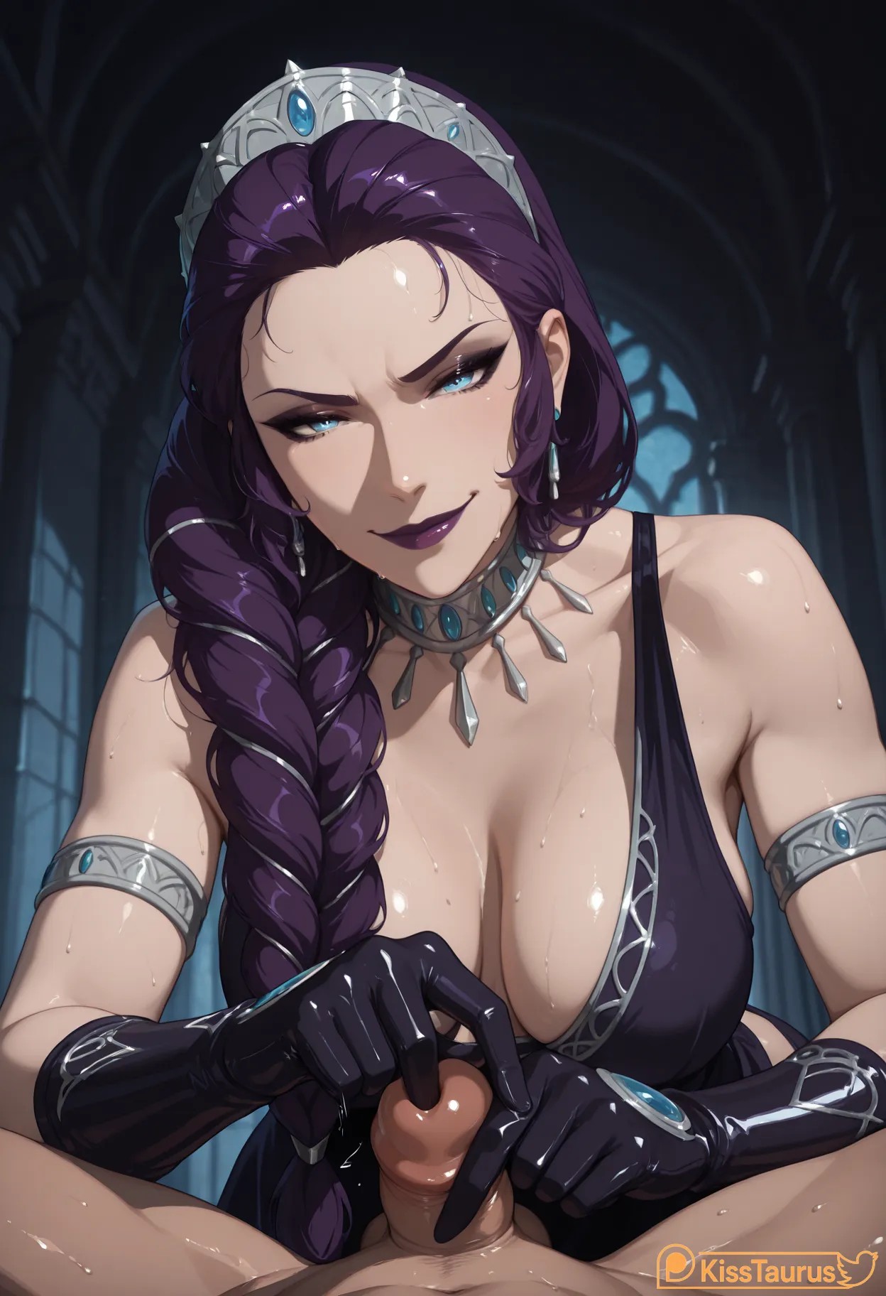 1boy, 1girl, ai generated, arm strap, armband, armlet, bare shoulders, black dress, black gloves, blood of zeus, blue eyes, bondage, braid, braided ponytail, breasts, cleavage, clothed female nude male, dominatrix, dress, earrings, elbow gloves, erection, eyeshadow, female, femdom, gloved handjob, gloves, handjob, hera, hera (blood of zeus), jewelry, kisstaurus, large breasts, lips, lipstick, long hair, looking at viewer, makeup, mature female, necklace, patreon logo, patreon username, penis, pov, precum, purple eyeshadow, purple hair, purple lips, smile, solo focus, straight, sweat, tiara, uncensored, upper body, urethra, urethral insertion, urethral penetration