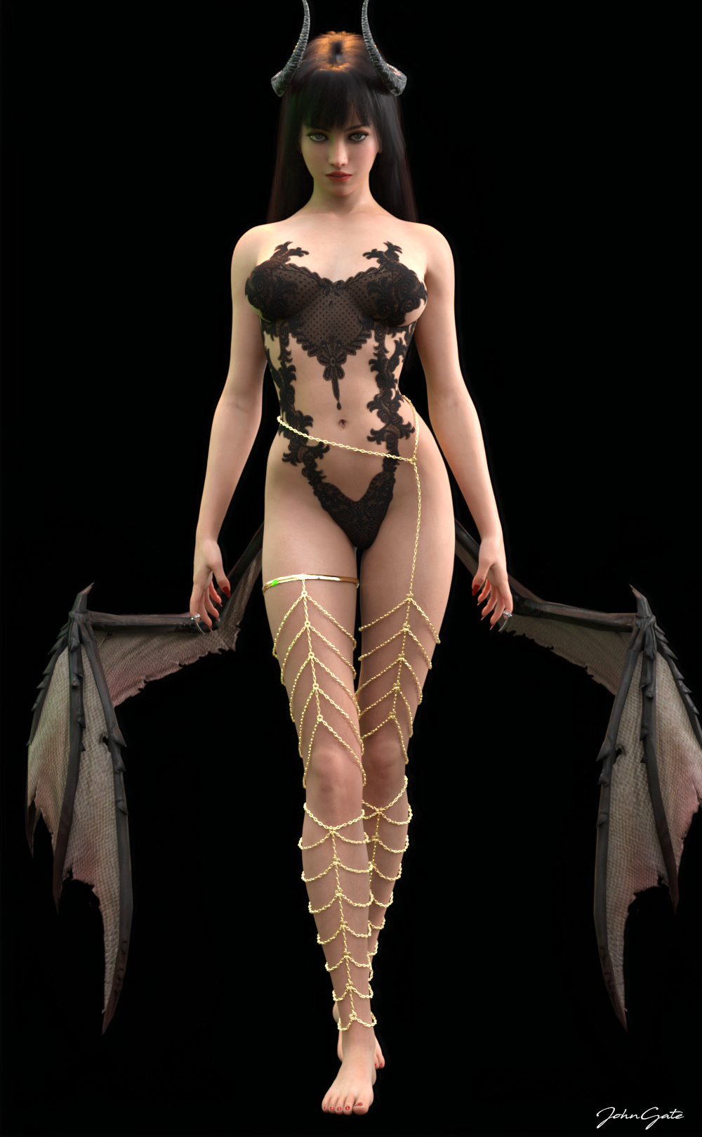 1girls 2019 3d black_background black_hair chains curved_horn demon_wings female female_only front_view horns johngate kasumi_(johngate) lace long_hair looking_at_viewer medium_breasts slushe_(website) solid_color_background solo solo_female standing wings