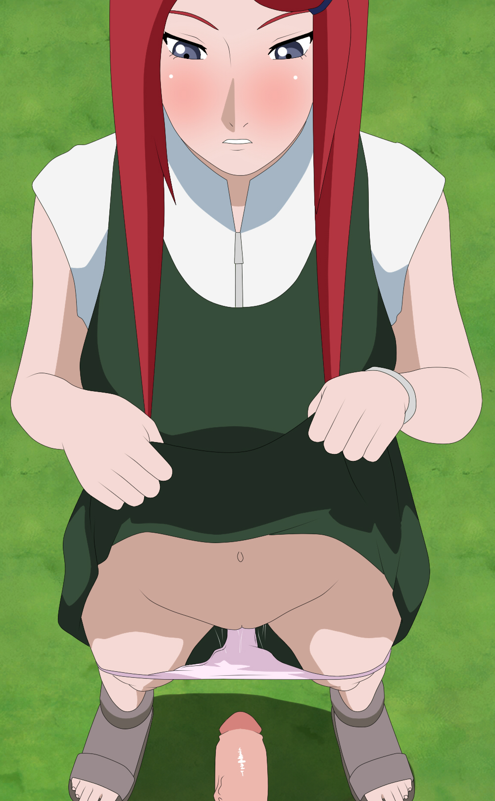 1boy, 1girls, before sex, blue eyes, blush, bracelet, clothing, clothing lift, dress, dress lift, embarrassed, erect penis, erection, faceless male, feet, female, female focus, genital fluids, highres, lifted by self, long hair, looking at another, looking at partner, looking at partner's penis, looking at penis, male, male/female, mature, mature female, milf, naruto, naruto (series), naruto shippuden, panties, panties down, penis, pov, presenting, presenting penis, presenting pussy, pussy, rantuahelax, red hair, sandals, standing, uncensored, underwear, underwear down, uzumaki kushina, very long hair, wet, wet pussy