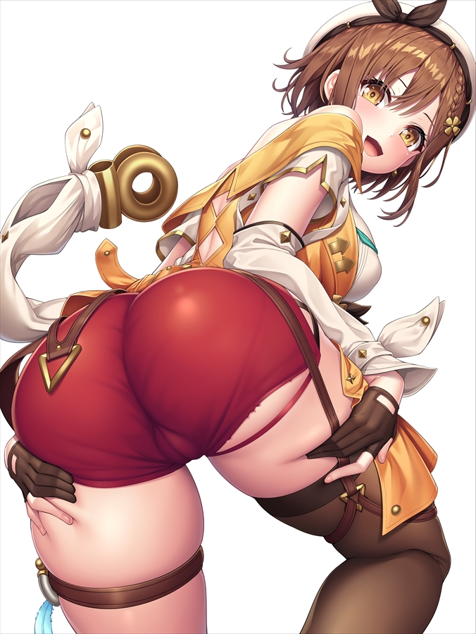 1girls :d ass ass_focus atelier_(series) atelier_ryza atelier_ryza_2 beret braid breasts brown_eyes brown_gloves brown_hair brown_legwear cameltoe detached_sleeves female from_behind gloves grabbing_own_thigh hair_between_eyes hat huge_ass jacket lambda_(kusowarota) large_breasts looking_at_viewer looking_back open_mouth partially_fingerless_gloves red_shorts reisalin_stout short_hair shorts single_thighhigh sleeveless sleeveless_jacket smile solo thigh_strap thighhighs thighs white_background white_headwear yellow_jacket