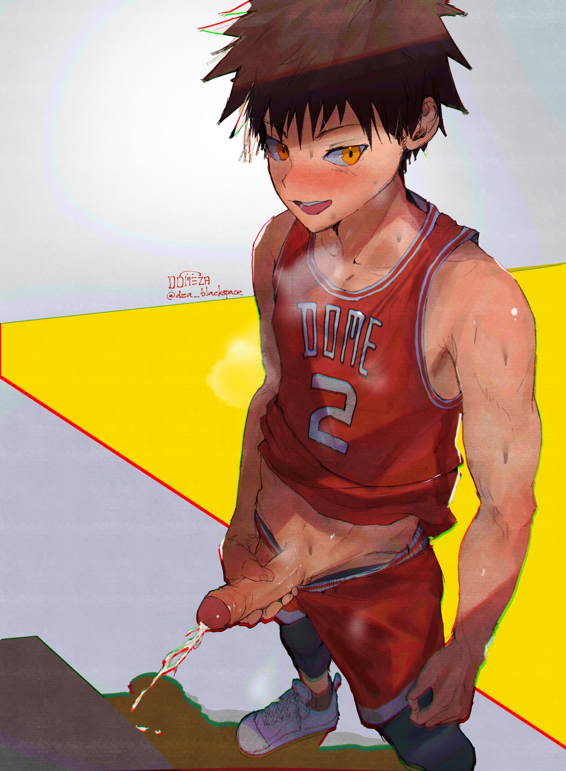 1boy, basketball, basketball uniform, bathroom, erection, gay, male, male only, peeing, penis, solo, tagme, urine