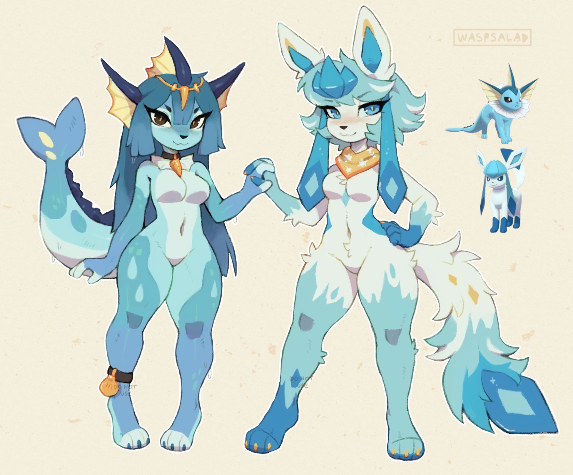 2024, 2girls, blue body, blue eyes, blue fur, blue hair, blush, blush lines, breasts, brown eyes, cetacean tail, claws, cute, eeveelution, english text, featureless breasts, featureless crotch, female, female only, fluffy, fluffy tail, furry, furry only, generation 1 pokemon, generation 4 pokemon, glaceon, holding hands, looking at viewer, medium breasts, navel, paws, pokémon (species), pokemon, pokemon (species), pokemon dppt, pokemon rgby, reference image, shiny pokemon, signature, simple background, tail, vaporeon, waspsalad, wet, wet body, wholesome, yuri