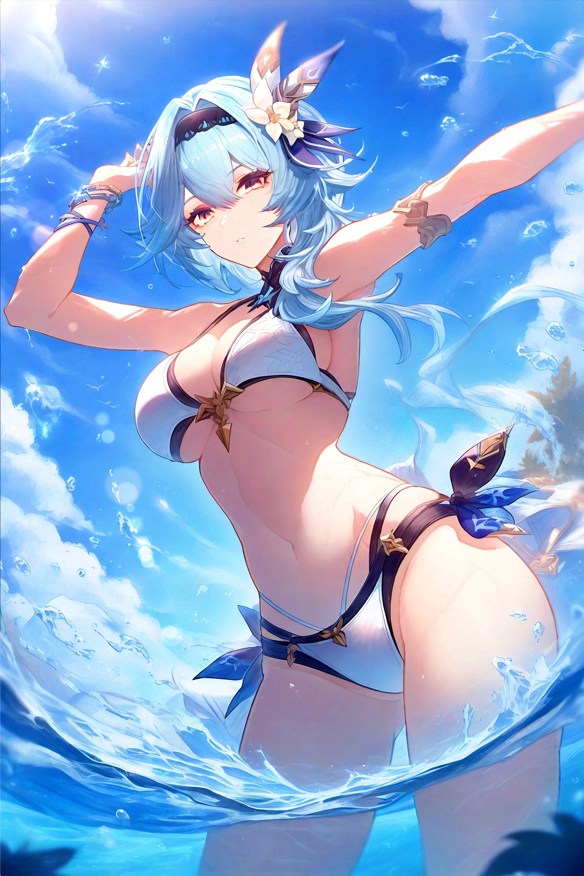 ai generated, bikini, blue hair, eula (genshin impact), female, genshin impact, partially submerged, wet