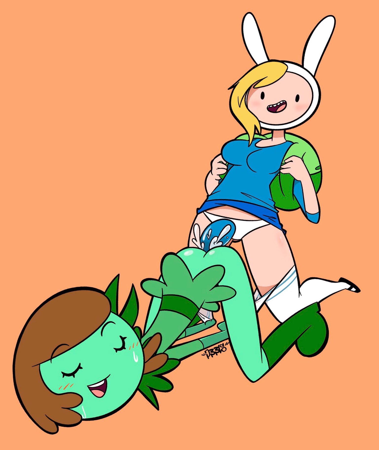 2girls, adventure time, adventure time: fionna & cake, ambiguous penetration, ass, ass up, backpack, blonde hair, blue shirt, blush, brown hair, dress, female, female only, fionna and cake, fionna the human girl, green shoes, green skin, green thighhighs, high heels, joshin, lollipop girl, lollipop girl (adventure time), multiple females, multiple girls, sex toy, skirt lift, skirt up, smile, strap-on, strapon, sweating, talking, white panties, yuri