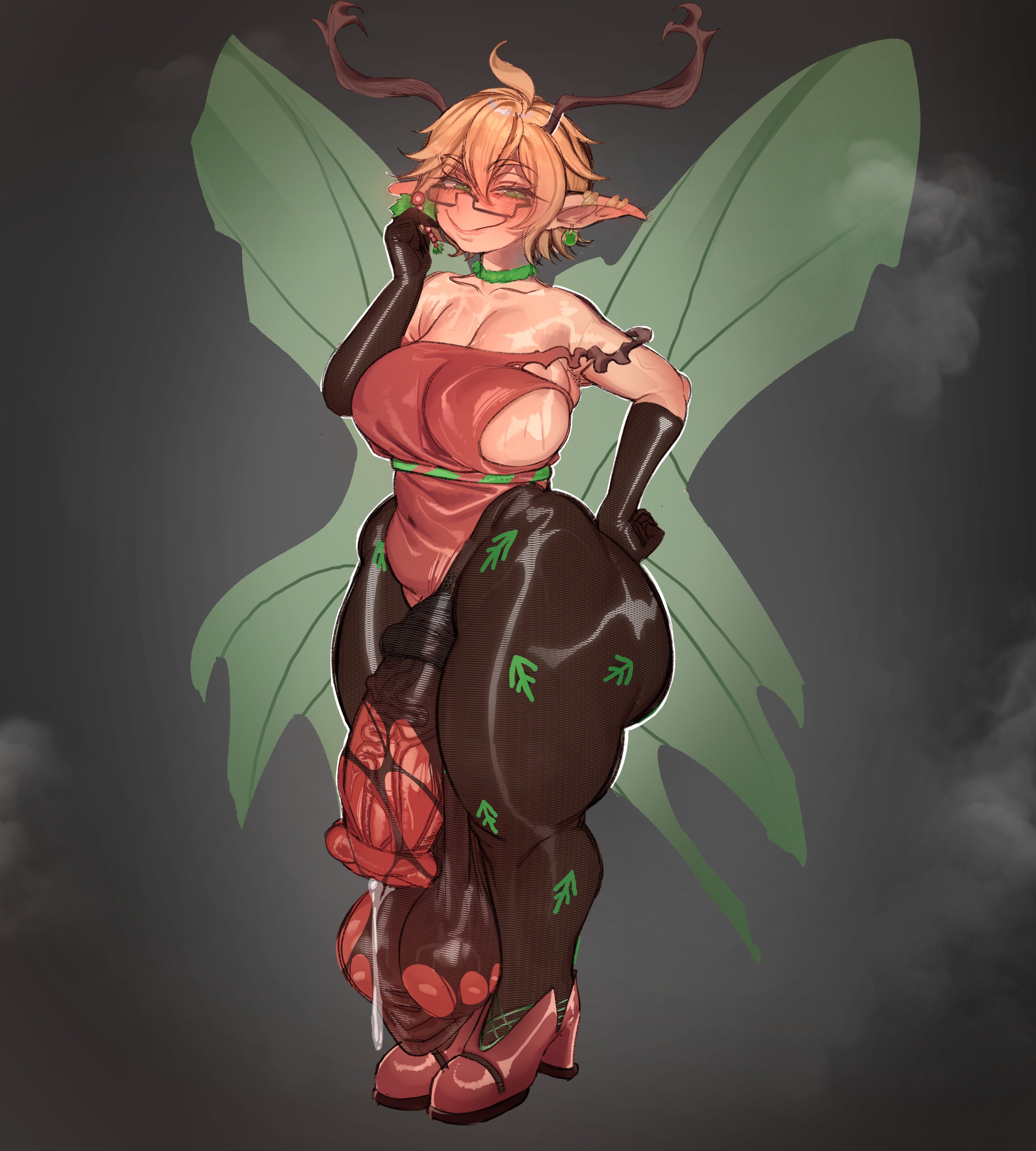 1futa, animal genitalia on humanoid, animal penis, antlers, ass, balls, big penis, blush, breasts, bulge, bulge through clothing, clothed, clothing, cum, cum drip, cum dripping, cumming, curvy, curvy female, curvy figure, dripping, dripping cum, ejaculation, elf, elf ears, elf female, elf futa, fairy, female, futa only, futanari, high heels, horsecock, horsecock on humanoid, hourglass figure, huge ass, huge balls, huge cock, humanoid, intersex, inviting, inviting to sex, large penis, light skin, light-skinned futa, looking at viewer, mostly clothed, penis, pov, sagging balls, seruroku, sheath, sideboob, smug, solo, standing, textless, thick thighs, torn clothes, veiny penis, wide hips, wings