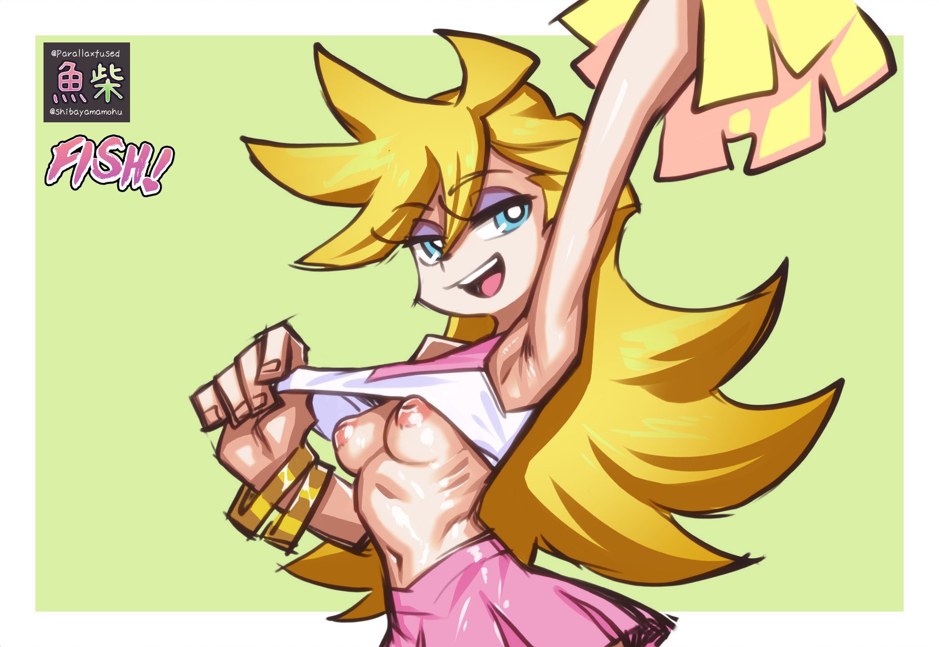1girls, 2025, arm up, armpits, artist name, belly button, blonde hair, blue eyes, bracelet, breasts, breasts out, cheerleader, clothed, clothed female, clothes lift, clothing, collaboration, female, gold jewelry, green background, hair, happy, hi res, human, inverted nipples, jewelry, light skin, light-skinned female, long hair, looking at viewer, navel, nipples, one arm up, open mouth, panty & stocking with garterbelt, panty anarchy, parallaxfused, partially clothed, pink clothing, pom poms, pose, posing, puffy nipples, raised arm, shibayamamohu, shirt, shirt lift, side view, signature, simple background, skirt, small breasts, smile, smiling, smiling at viewer, solo, standing, stomach, teeth, tongue, upper body