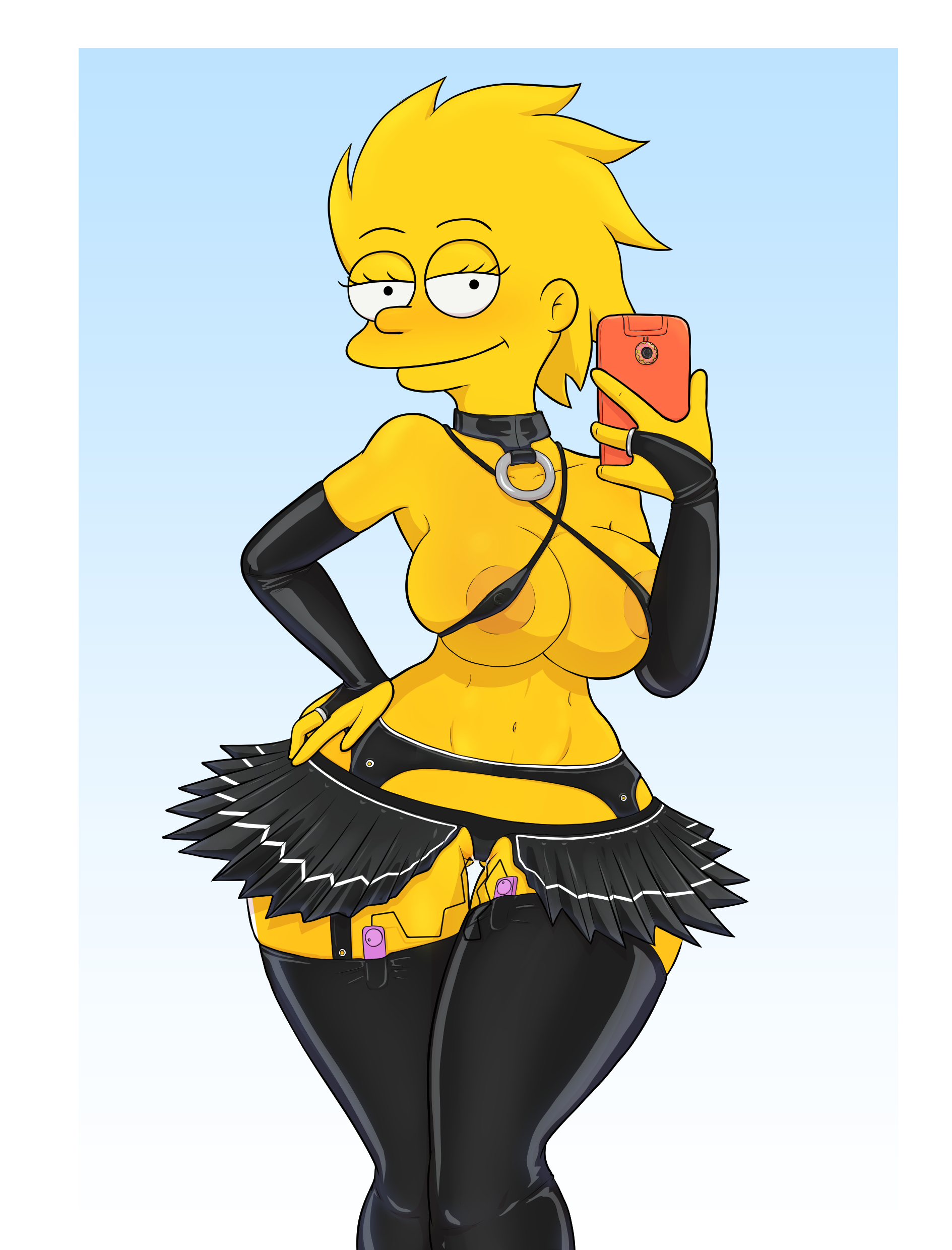 20th century studios, accurate art style, aged up, areolae, belly, blonde hair, blush, breasts, child bearing hips, choker, color, commission, curvy, diklonius, egg vibrator, female, hi res, huge breasts, latex, latex stockings, lisa simpson, looking at viewer, nipples visible through clothing, pussy, selfie, sex toy, skimpy clothes, smartphone, solo, the simpsons, thick thighs, vibrator, vibrator in pussy, voluptuous, wide hips, yellow body, yellow skin