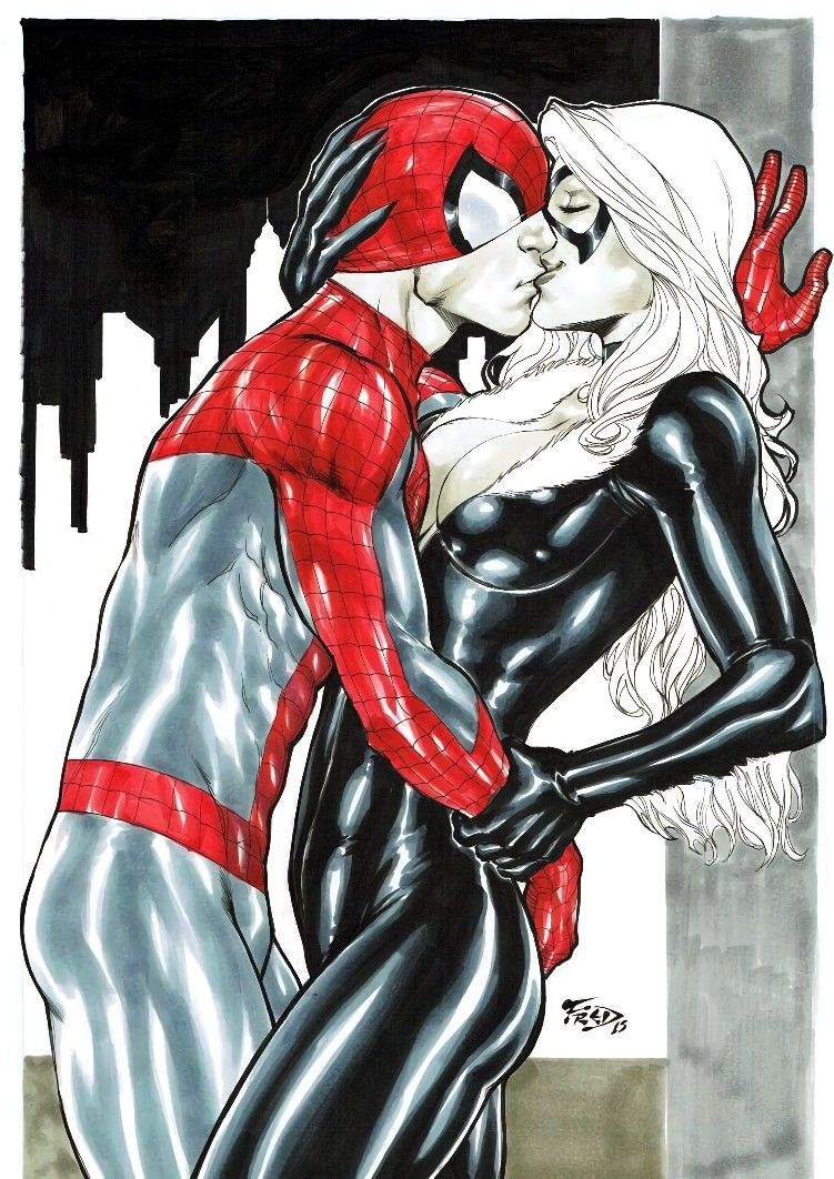 1boy 1boy1girl 1girls black_bodysuit black_cat_(marvel) bodysuit breasts couple couple_(romantic) couple_love couples ed_benes_studio felicia_hardy female fred_benes hug kissing love lovers male marvel marvel_comics mask masked_female masked_male peter_parker pinup romantic romantic_couple spider-man spider-man_(series) superhero superheroine white_hair