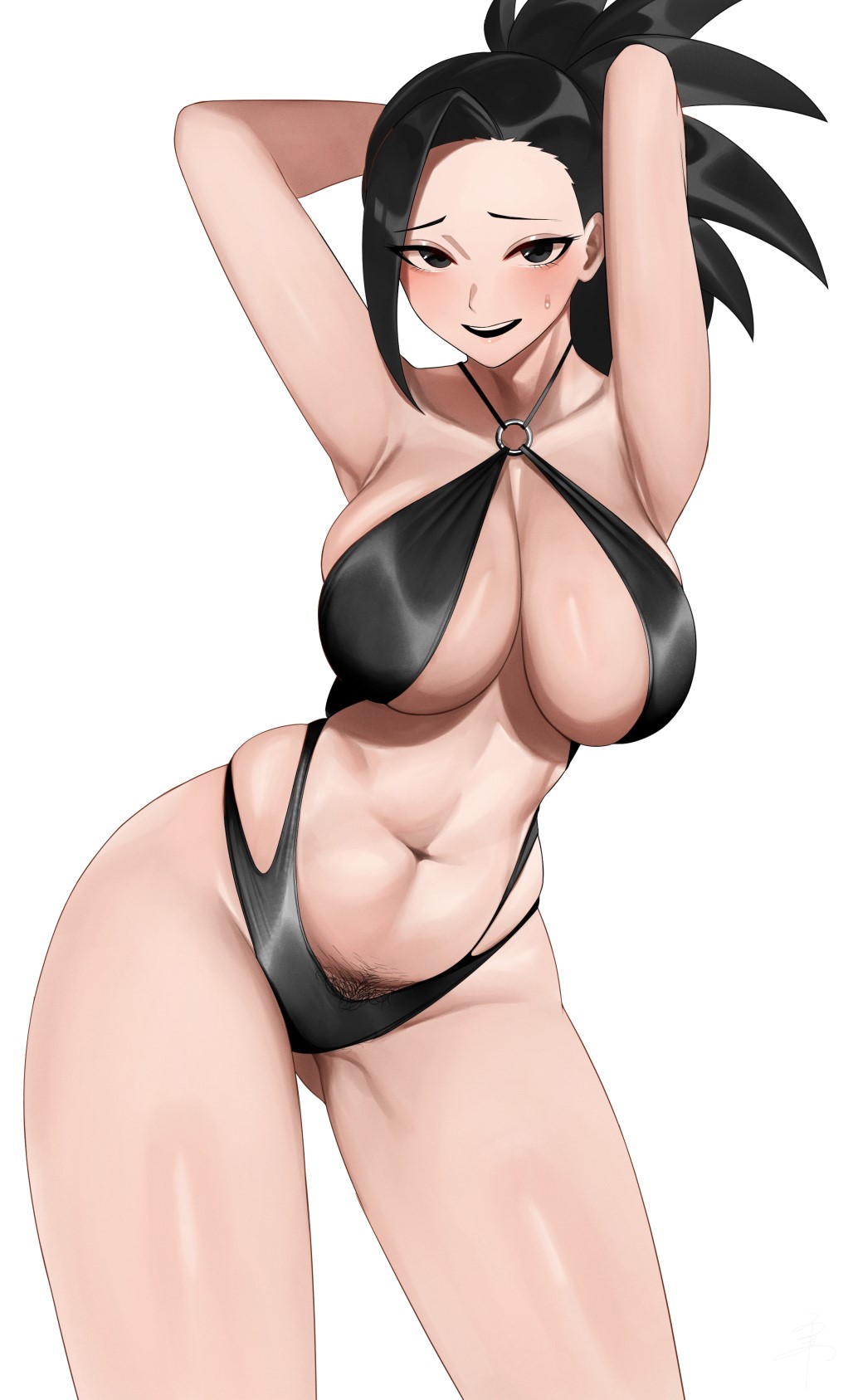 1girls armpits arms_up big_breasts bikini black_eyes black_hair blush breasts criss-cross_halter cross_halter_bikini female female_focus female_only halterneck highres large_breasts looking_at_viewer momo_yaoyorozu muscular my_hero_academia navel one-piece_swimsuit ponytail pubic_hair pubic_hair_peek senju_(snz0) simple_background smile solo solo_female solo_focus stomach sweatdrop swimsuit thick_thighs third-party_edit white_background