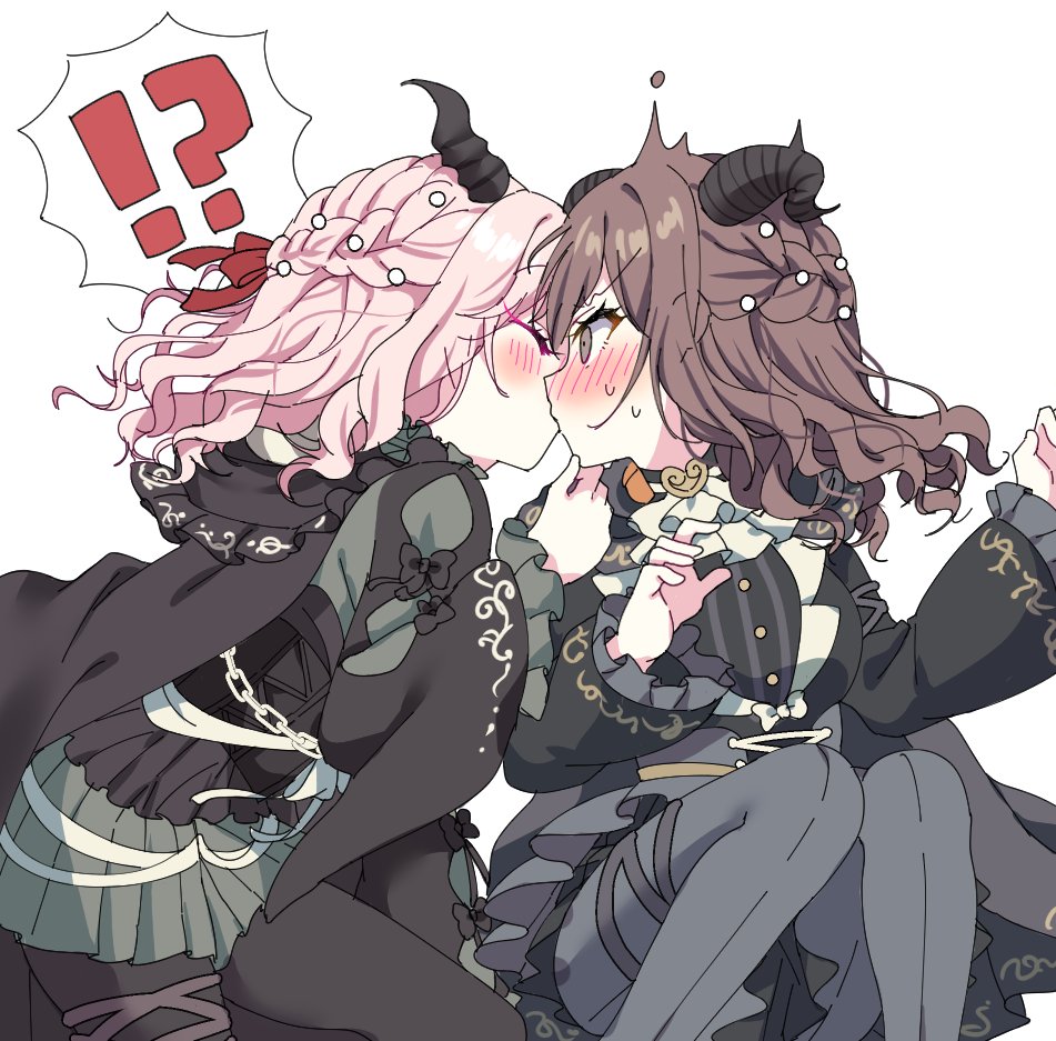 1girls 1other akiyama_mizuki alternate_costume alternate_hairstyle blush blush_lines blushing_at_partner brown_eyes brown_hair clothed clothed_female cute female kissing looking_at_partner pink_hair project_sekai shinonome_ena wholesome