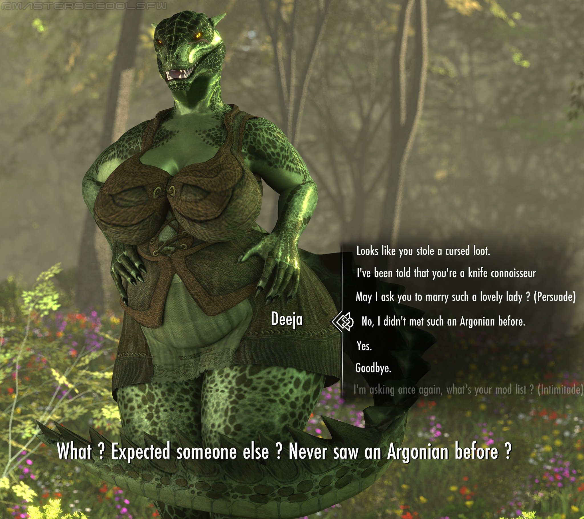 1girls, 3d, 3d (artwork), argonian, ass, background, bethesda softworks, big ass, big breasts, breasts, coolmaster98, deeja, dialogue, female, female focus, female only, forest background, green scales, hands on hips, large breasts, obese, obese female, scales, scalie, scar, scar on face, skyrim, solo female, tail, text, text box, the elder scrolls, thick ass, thick thighs, yellow eyes