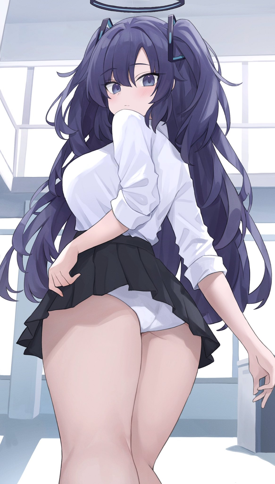 akatukiyu0765, ass, blue archive, blush, breasts, embarrassed, female, from behind, large ass, large breasts, looking at viewer, looking back, medium ass, millennium science school student, panties, seminar (blue archive), thighs, upskirt, white panties, yuuka (blue archive)
