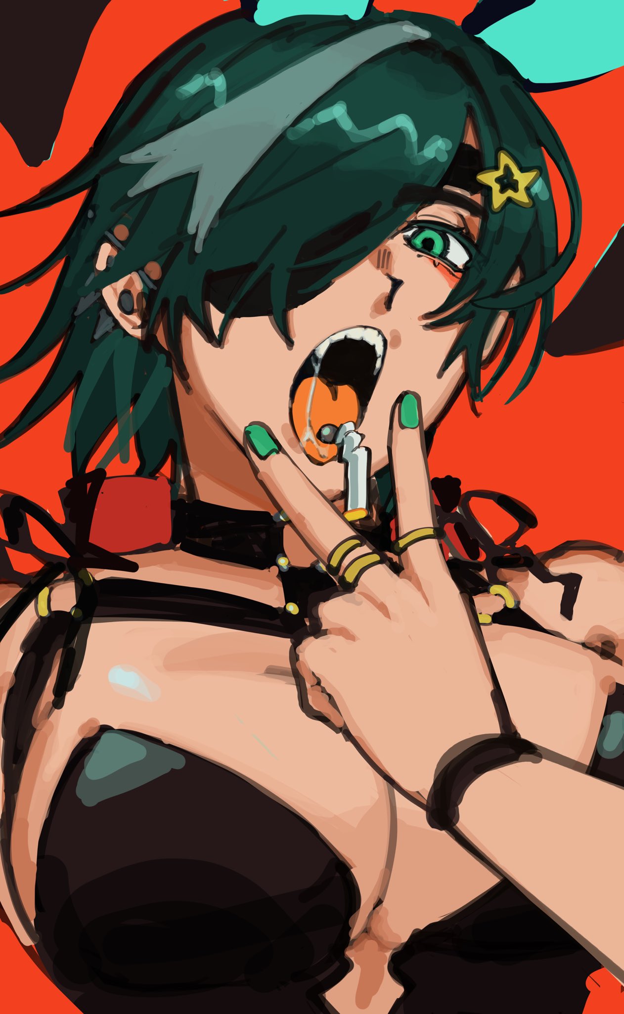 animal_ears bob_cut breasts chainsaw_man cigarette eyepatch green_eyes green_hair hair_between_eyes hair_ornament highres himeno_(chainsaw_man) holding holding_cigarette jewelry liowig open_mouth patch rabbit rabbit_ears rabbit_girl ring short_hair solo solo_focus