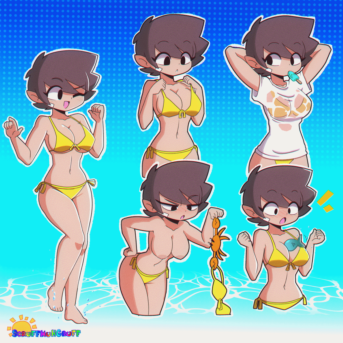 angry, animated, bandage, bikini, black pupils, breasts, brown hair, character request, color, colored, crab, cute, female, fish, ice cream, open mouth, scruffmuhgruff, short hair, surprised, tagme, tomboy, topless, water, wet clothes, wet shirt, yellow bikini