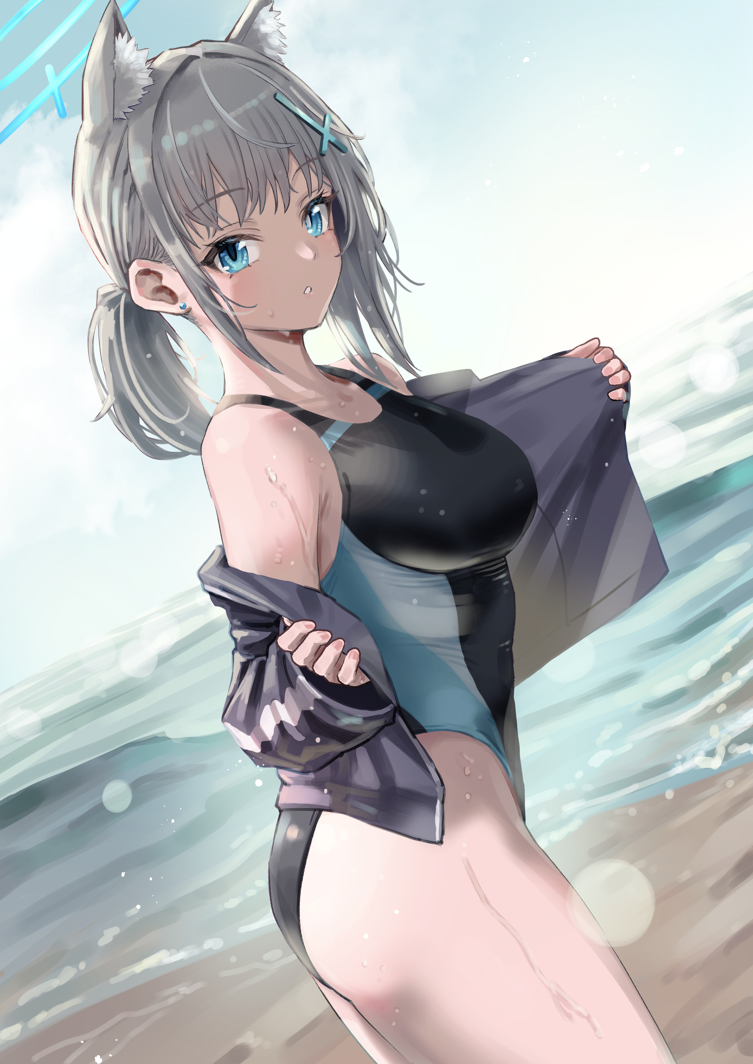 :o, absurdres, abydos high school student, alternate breast size, animal ears, ass, beach, big ass, big breasts, blue archive, blue eyes, breasts, competition swimsuit, curvy, dripping, earrings, fat ass, female, foreclosure task force (blue archive), highleg, highleg swimsuit, highres, hourglass figure, huge ass, huge breasts, jewelry, large ass, large breasts, looking at viewer, one-piece swimsuit, open clothes, open shirt, pizzasi, school swimsuit, shiroko (blue archive), shiroko (swimsuit) (blue archive), side view, sideboob, sweat, swimsuit, thick ass, thick thighs, thighs, undressing, voluptuous, wet, white hair, wolf ears
