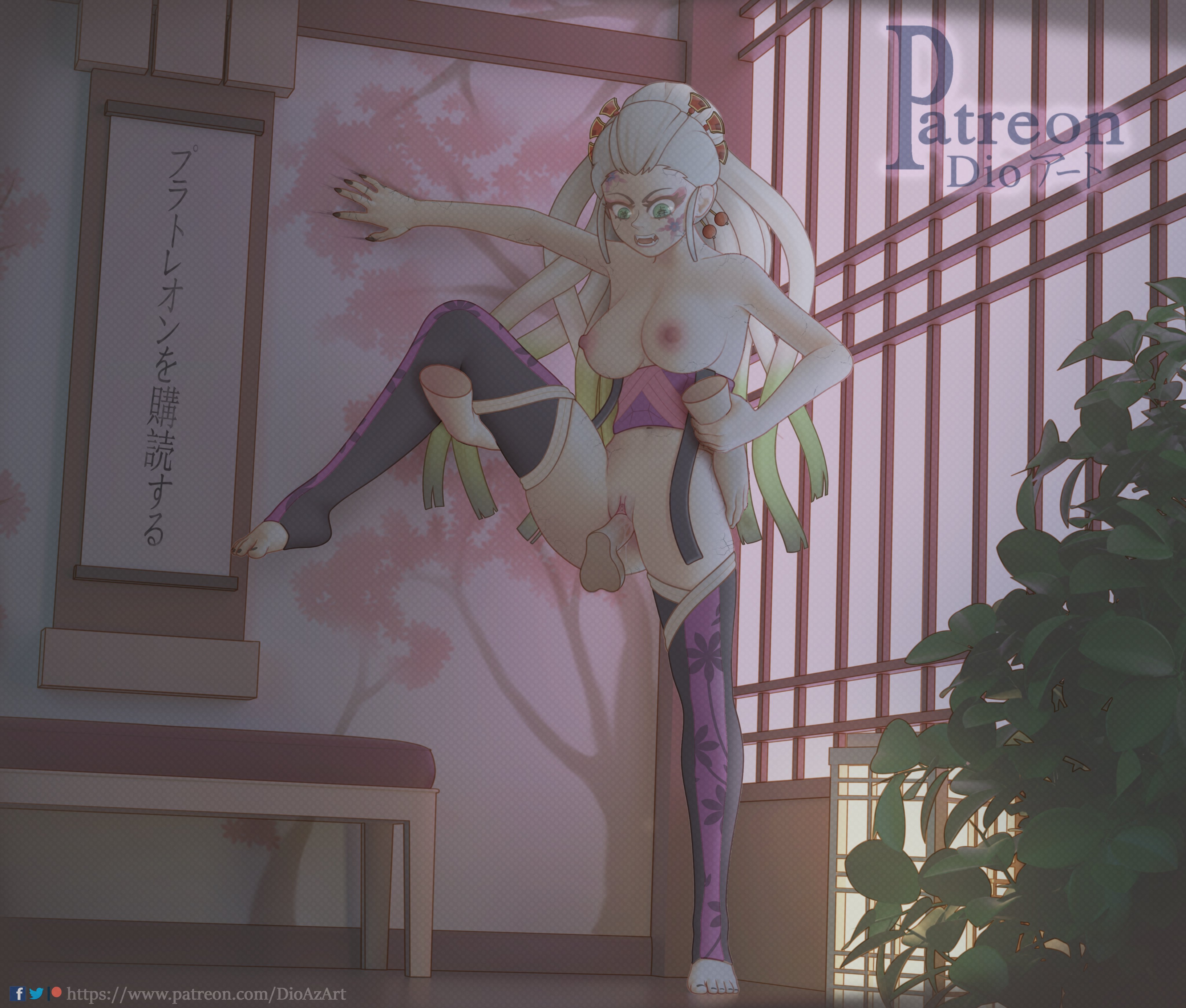 1boy, 1girls, big breasts, breasts, daki (kimetsu no yaiba), demon slayer, dioazart, disembodied hands, disembodied penis, feet, female, green eyes, hi res, highres, invisible male, kimetsu no yaiba, large breasts, light skin, light-skinned female, male, nipples, nude, nude female, one leg up, open mouth, pale skin, pale-skinned female, penis, pussy, sex, standing sex, straight, thighhighs, vaginal penetration, white hair