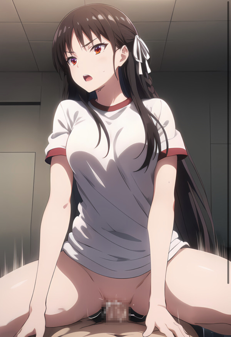 ai_generated aroused_female black_hair bottomless brown_eyes censored_genitalia classroom_of_the_elite cum_in_pussy female_focus hair_ribbon horikita_suzune kagura legs_spread long_hair movement_lines no_panties open_mouth pussy_juice_string reverse_cowgirl_position riding_cock schoolgirl spread_legs t-shirt_only vaginal vaginal_penetration vaginal_sex