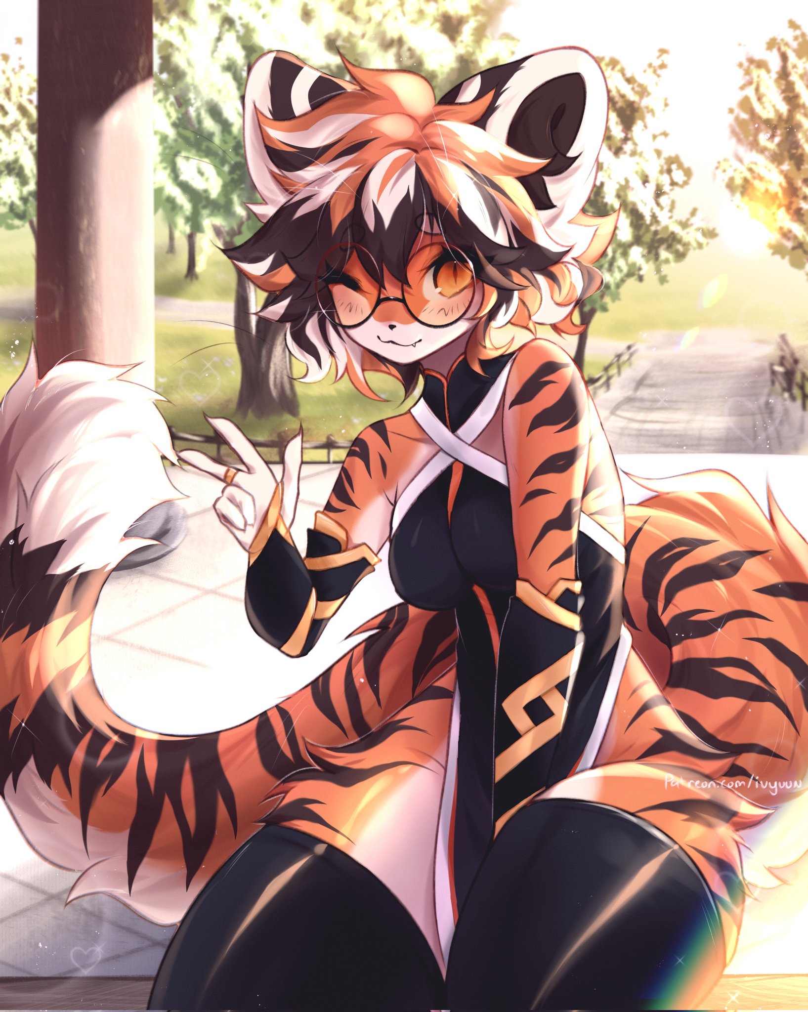 anthro, arknights, big breasts, breasts, female, furry, ivyuun, orange eyes, thick thighs, waai fu (arknights), wide hips