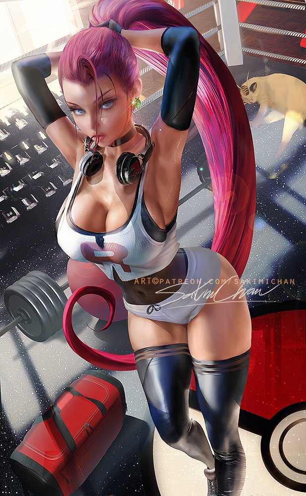 1animal, 1girls, 2022, alternate breast size, alternate hairstyle, armpits, arms up, artist signature, blue eyes, breasts, curvy female, female, female only, gym, gym clothes, headphones, headphones around neck, hips, huge breasts, indoors, jessie (pokemon), long hair, long ponytail, meowth, pokemon, pokemon (anime), ponytail, red hair, sakimichan, skindentation, slim waist, sportswear, team rocket, thick thighs, thighhighs, thighs, tying hair, watermark, wide hips, workout clothes