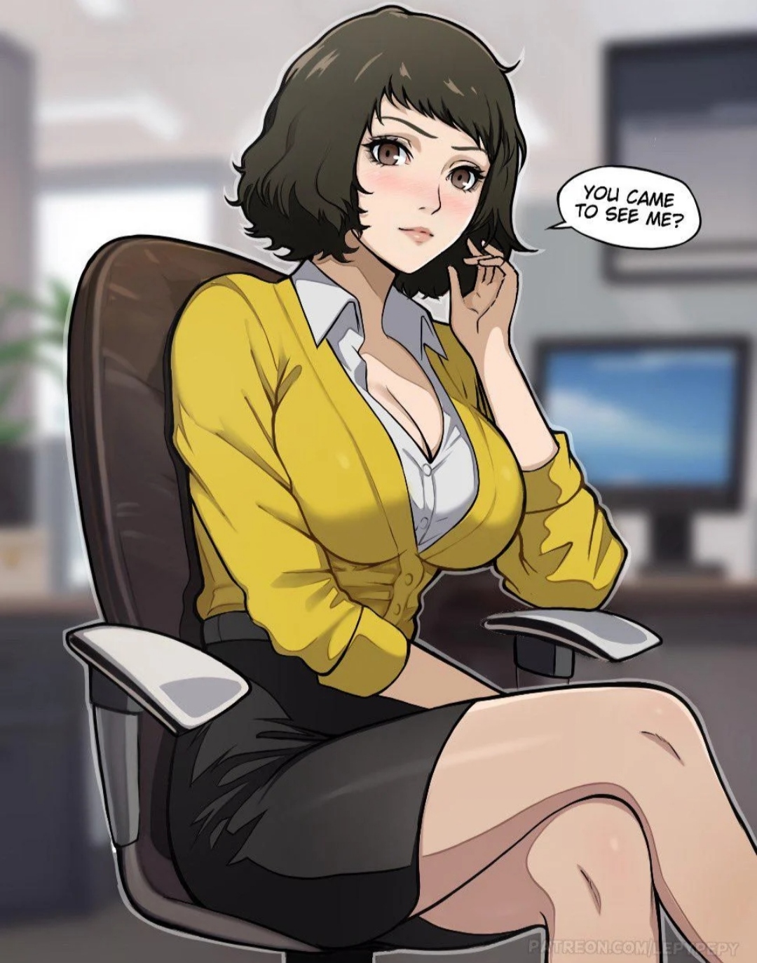 ai generated, bare legs, big breasts, black hair, blush, bob cut, breasts, crossed legs, female, lepypepy, long sleeves, looking at viewer, persona, persona 5, sadayo kawakami, school, sitting, sitting on chair, skirt, teacher