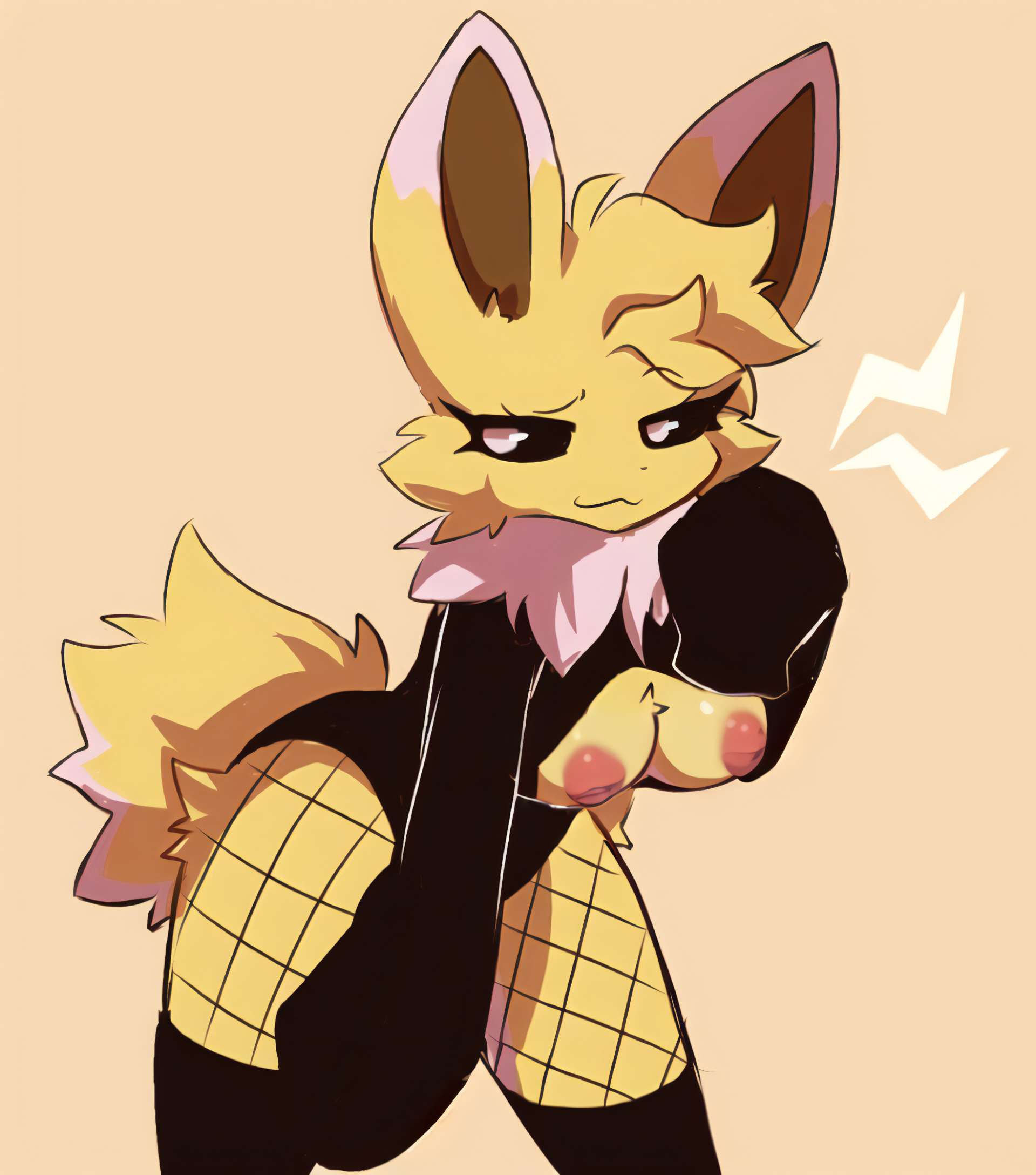 1girls breasts_out fishnets fluffy fluffy_tail furry jolteon smug_face turtleneck z_zmag8