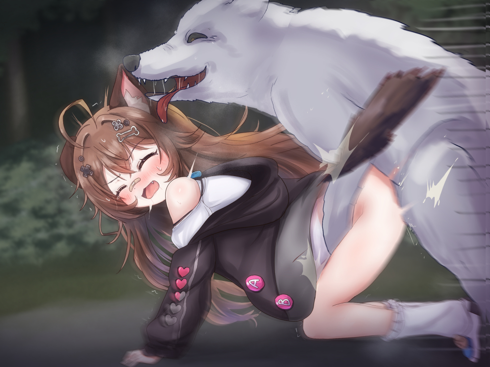 1animal 1girls ahoge anal bent_over black_clothing black_hoodie blue_collar blue_neckwear blush bottomless brown_hair canine closed_eyes clothing collar d-pad d-pad_hair_ornament dog_ears dog_girl dog_tail e-sekai feral feral_on_female feral_on_humanoid feral_penetrating feral_penetrating_female feral_penetrating_humanoid footwear forest forest_background gopogopo hair_ornament heart hoodie idol-en idol_corp light-skinned_female light_skin long_hair neckwear on_all_fours open_mouth outside pochi_wanmaru pochi_wanmaru_(2nd_design) shoes socks tongue tongue_out tree trees vaginal_penetration virtual_youtuber vtuber white_clothing white_fur wolf wolf_on_humanoid zoophilia