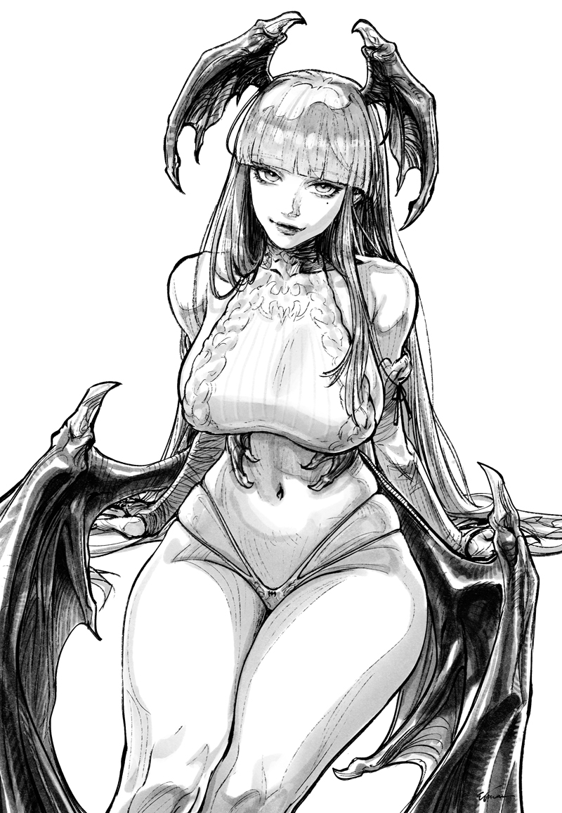 belly_button big_breasts bob_cut darkstalkers drawn etama_quomo horns lingerie lingerie_only long_hair looking_at_viewer morrigan_aensland sitting sitting_down slim_waist smile smiling_at_viewer succubus succubus_horns succubus_wings thick thick_ass thick_thighs underwear wide_hips wings