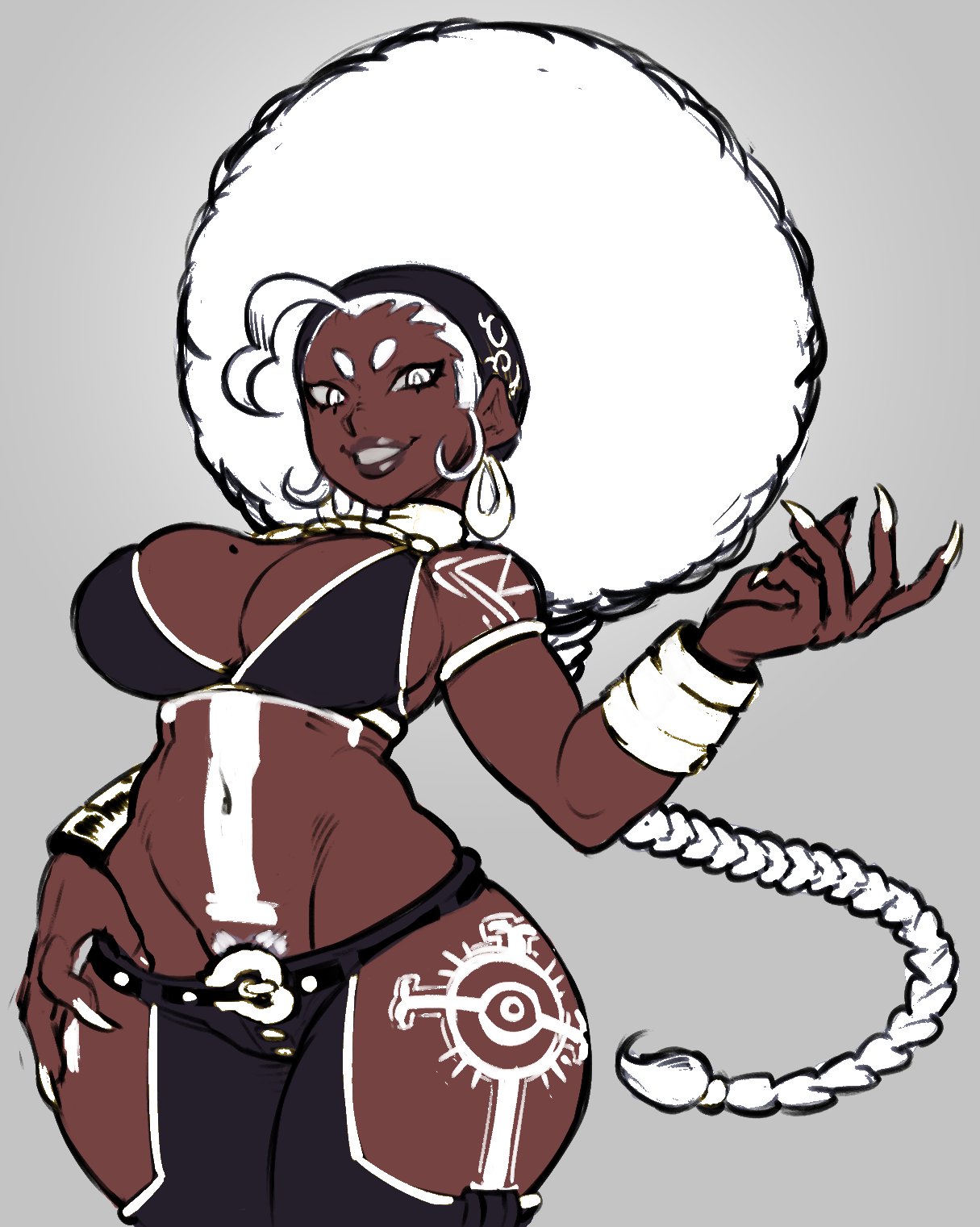 bikini top, bodypaint, bracelet, breasts, brycecarringto5, cleavage, dark skin, dark-skinned female, earrings, female, female only, hair braid, headgear, pants, poison (brycecarringto5), scorpion tail hair braid, smile, tagme, thick thighs, voluptuous, white eyes, white hair, wide hips