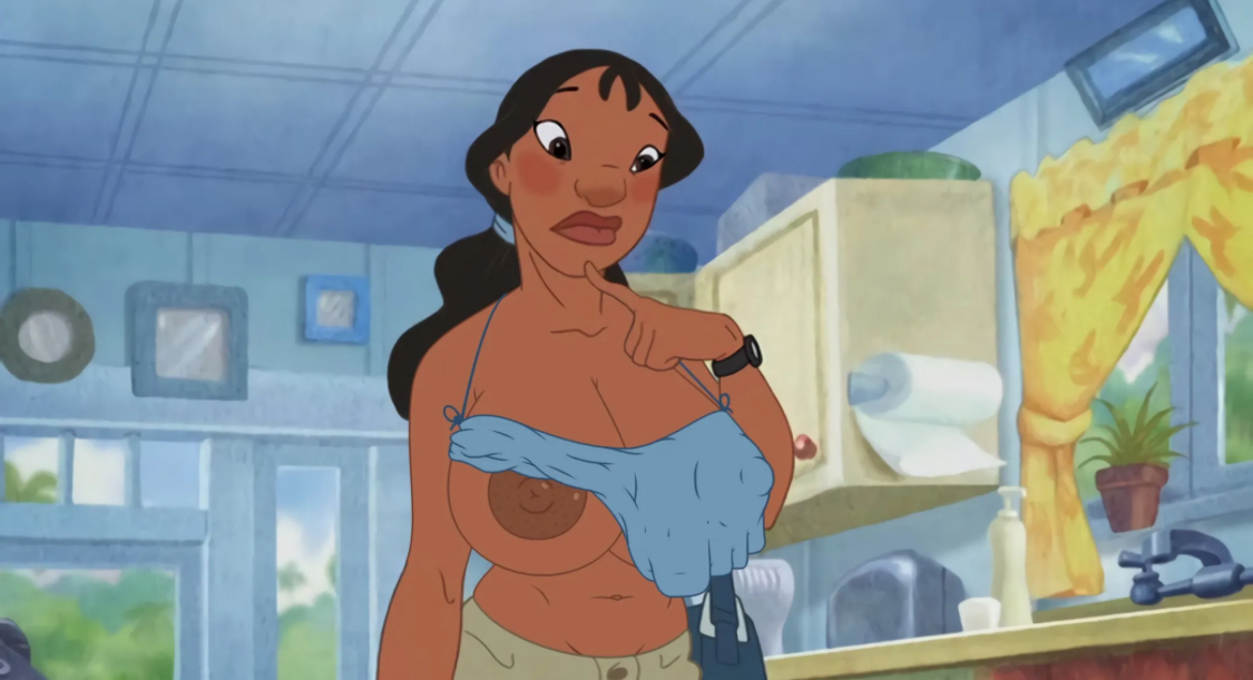 black hair, breasts, brown hair, cute, edited, female, lilo and stitch, massive breasts, nani pelekai, nipples