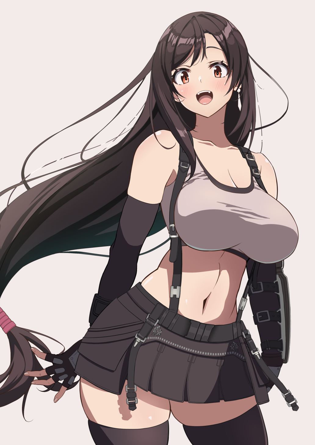 arm_guards arms_behind_back asymmetrical_bangs bare_shoulders black_gloves black_skirt black_sports_bra black_thighhighs blush breasts brown_eyes brown_hair buckle cleavage cowboy_shot crop_top cropped_legs cropped_shirt earrings elbow_gloves female final_fantasy final_fantasy_vii final_fantasy_vii_remake fingerless_gloves gloves happy highres jewelry kojirou! large_breasts long_hair looking_at_viewer low-tied_long_hair midriff miniskirt navel pleated_skirt pouch simple_background single_arm_guard single_earring skindentation skirt solo sports_bra suspender_skirt suspenders suspenders_gap swept_bangs tank_top teardrop_earrings teeth thighhighs tifa_lockhart toned upper_teeth_only very_long_hair white_tank_top zettai_ryouiki