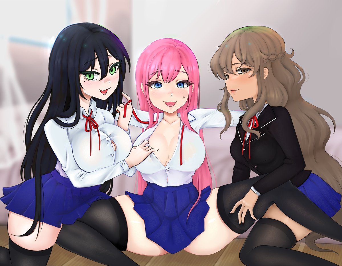 3girls aches assisted_exposure big_breasts black_hair blue_eyes blue_skirt bordie breasts brown_hair cleavage female female_focus female_only green_eyes heyimbee human human_on_anthro looking_at_viewer multiple_girls pink_hair school_uniform schoolgirl seductive seductive_pose seductive_smile skindentation skirt spread_legs spreading take_your_pick thick_thighs thighhighs unbuttoned_shirt uwu wavy_hair youtube youtuber