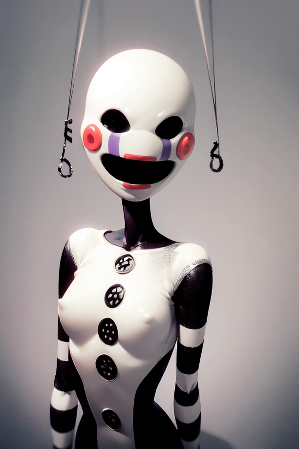 4_fingers ai_clothes ai_failure ai_generated animatronic animatronic_female black_body buttons creepy female five_nights_at_freddy's five_nights_at_freddy's_2 haunted marionette_(fnaf) mask masked masked_female nipple_bulge nipples pixai possessed puppet puppet_(fnaf) simple_background slim_waist strings striped_armwear striped_legwear ultimate_custom_night