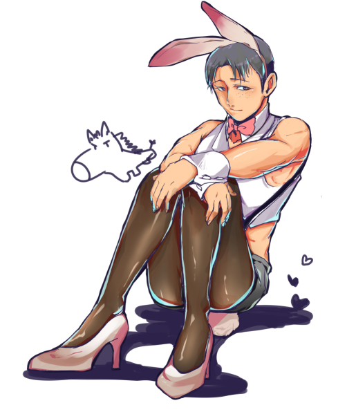 1boy attack_on_titan black_hair_male bunny_costume bunny_ears bunny_tail freckles high_heels male_only marco_bodt pink_high_heels shingeki_no_kyojin shy sitting