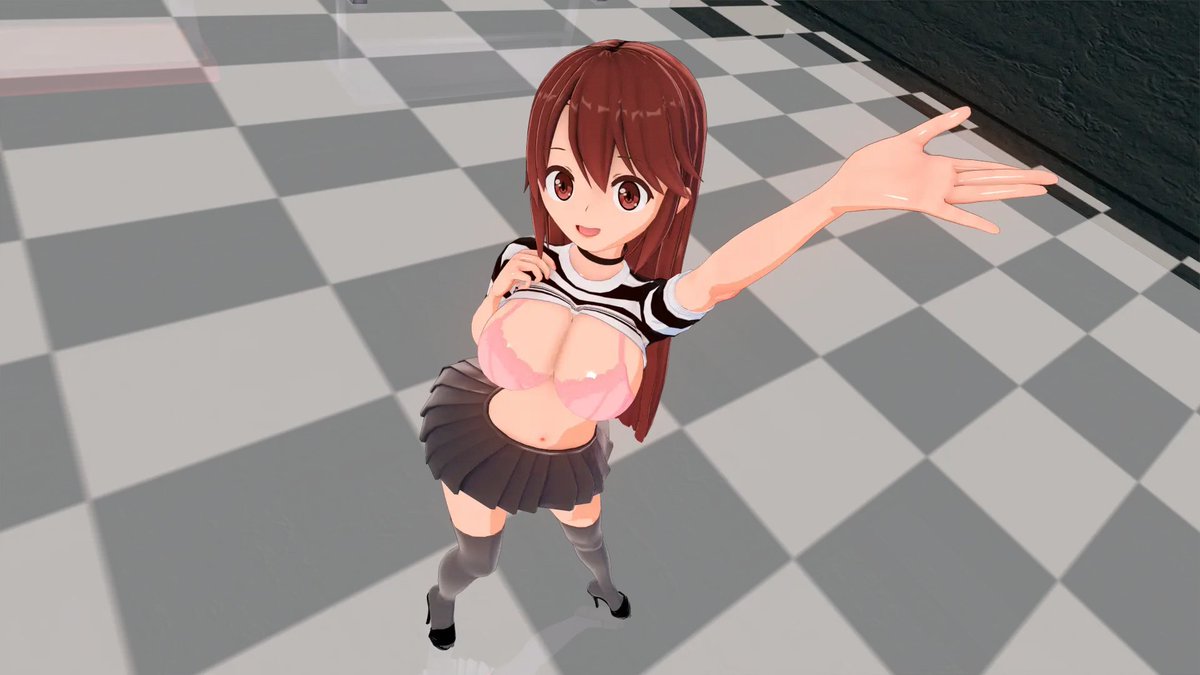 bra brown_eyes brown_hair clothed emirichh emirichu hand_up high_heels kk_guyyy koikatsu looking_at_viewer pink_bra shirt shirt_lift striped_clothing striped_shirt tagme youtube youtuber