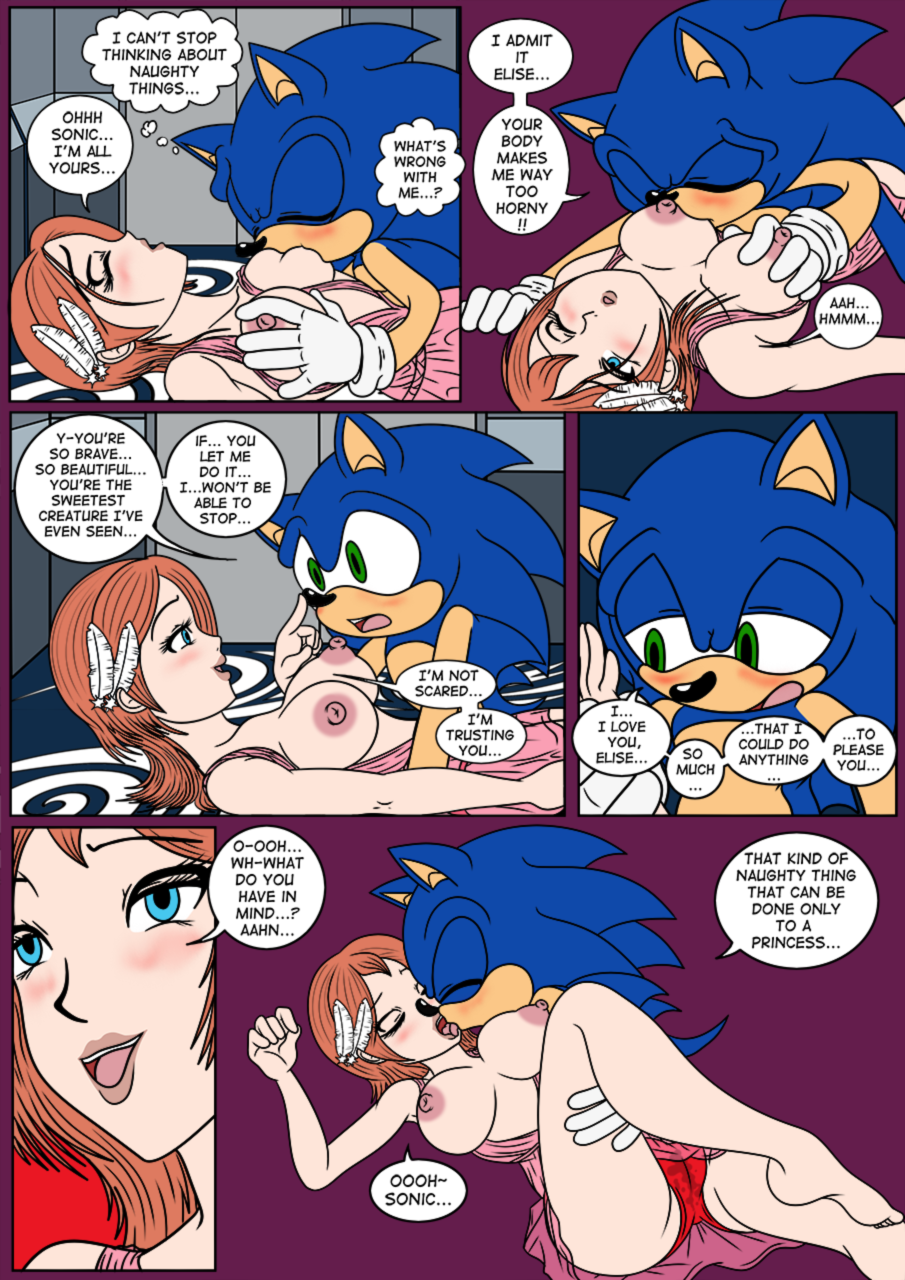 1boy, 1girls, accessory, anthro, blue body, blue eyes, blue fur, blue hair, blush, breast grab, breasts, cameltoe, closed eyes, clothing, comic, dialogue, duo, english text, eulipotyphlan, feather in hair, feathers, female, female human, french kissing, fur, green eyes, hair, hair accessory, hand on breast, hedgehog, hetero, hi res, human, human on anthro, i love you, interspecies, kissing, male, male anthro/female human, male/female, mammal, nipple fetish, nipple play, nipple suck, nipples, nude, open mouth, panties, princess elise, pussy, pussy juice stain, raianonzika, red hair, romantic, sega, sonic (series), sonic 2006, sonic the hedgehog, sonic the hedgehog (series), speech bubble, stained panties, straight, sucking, text, thought bubble, translucent, translucent clothing, underwear, wet panties